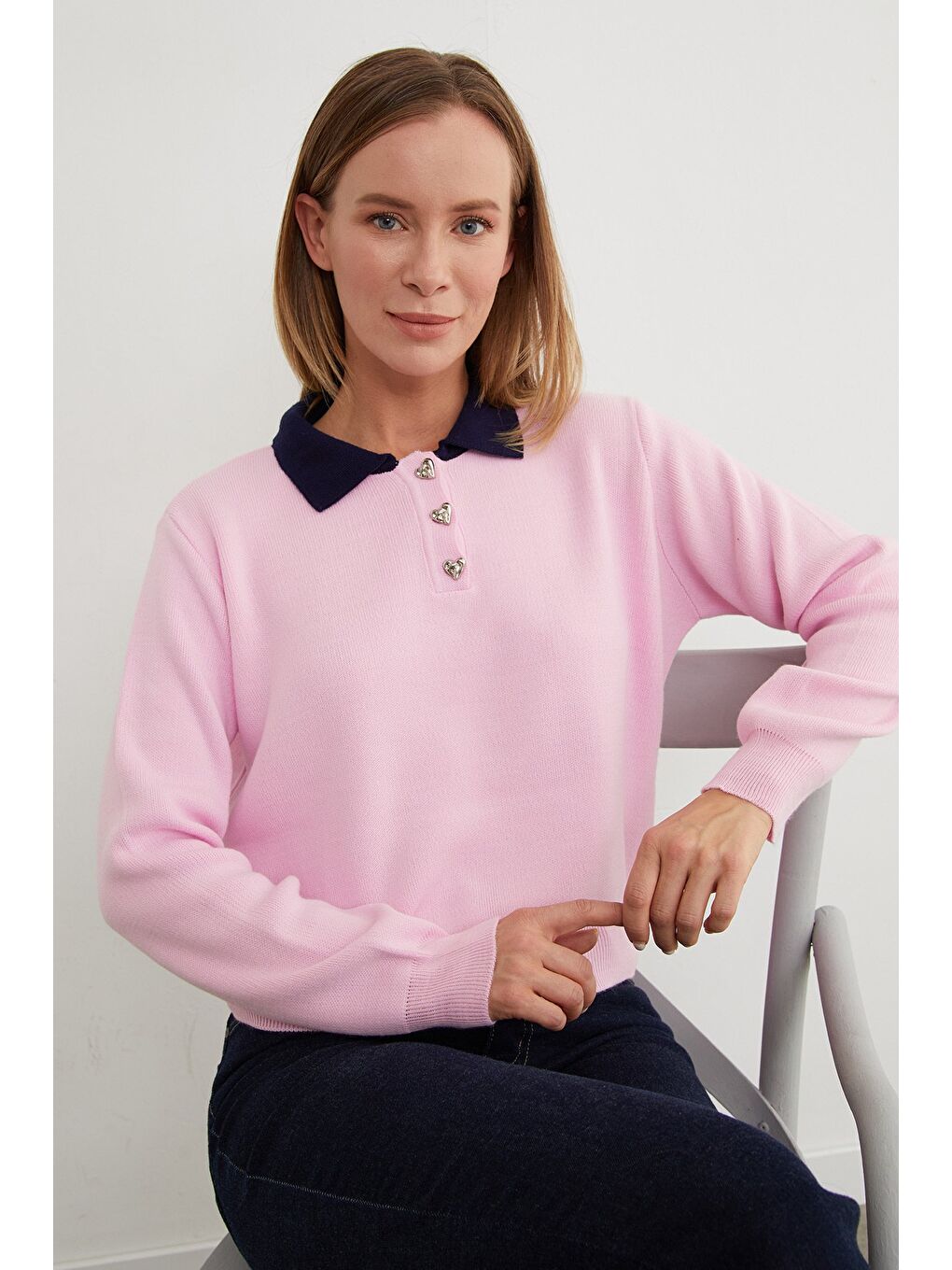 Pembe Basic Polo Yaka Yarım Düğmeli Triko Kazak-1