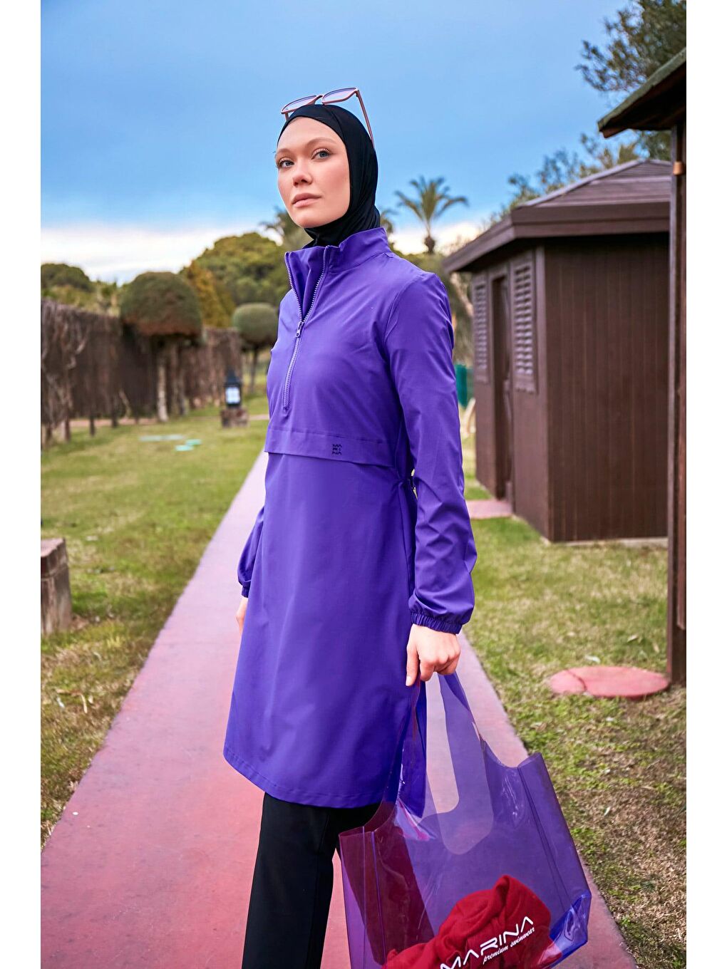 Paraşüt Kumaş Mor Tam Kapalı Tesettür Mayo M2409-2