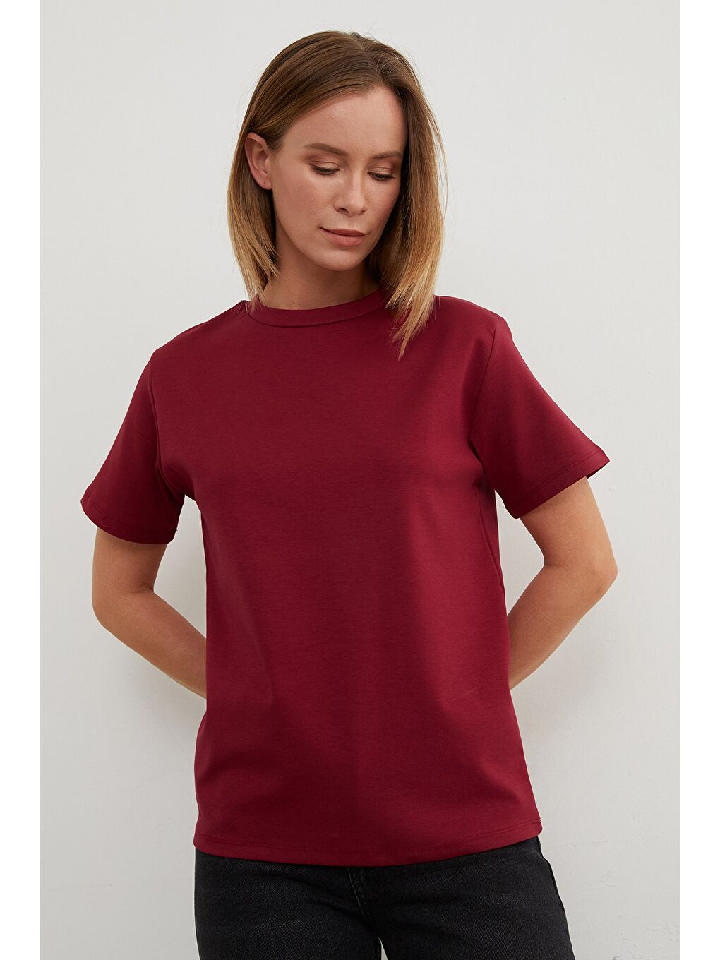 Bordo Basic Bisiklet Yaka Tişört-2