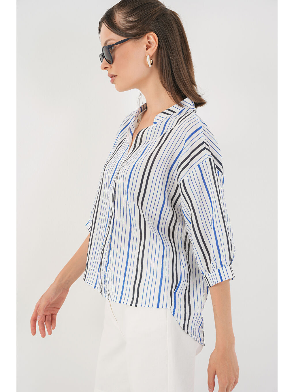 Kadın Çizgili Oversize Bluz 967 - Lacivert-2