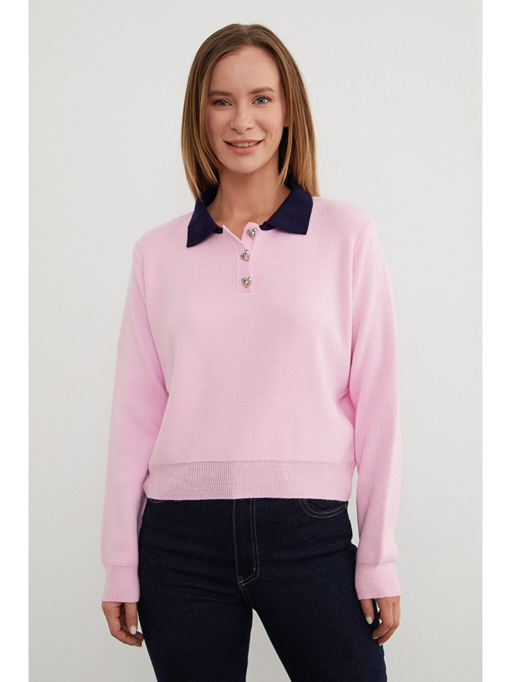 Pembe Basic Polo Yaka Yarım Düğmeli Triko Kazak-2