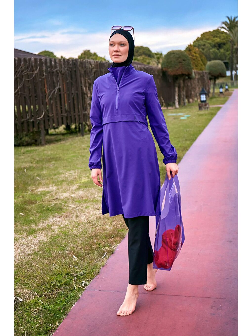 Paraşüt Kumaş Mor Tam Kapalı Tesettür Mayo M2409-3