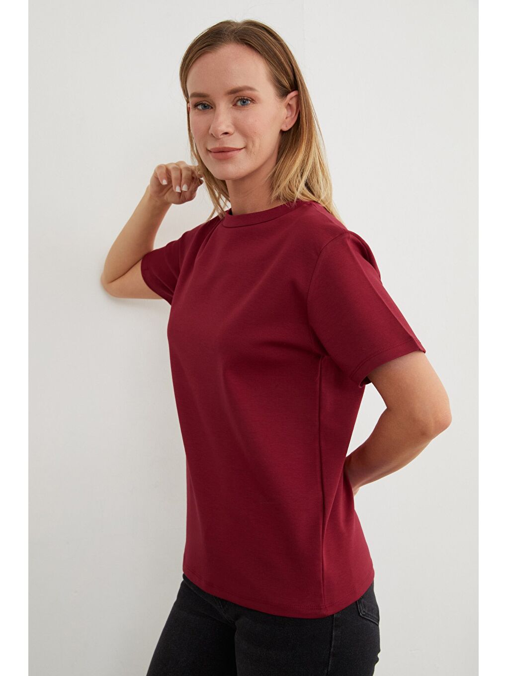 Bordo Basic Bisiklet Yaka Tişört-3