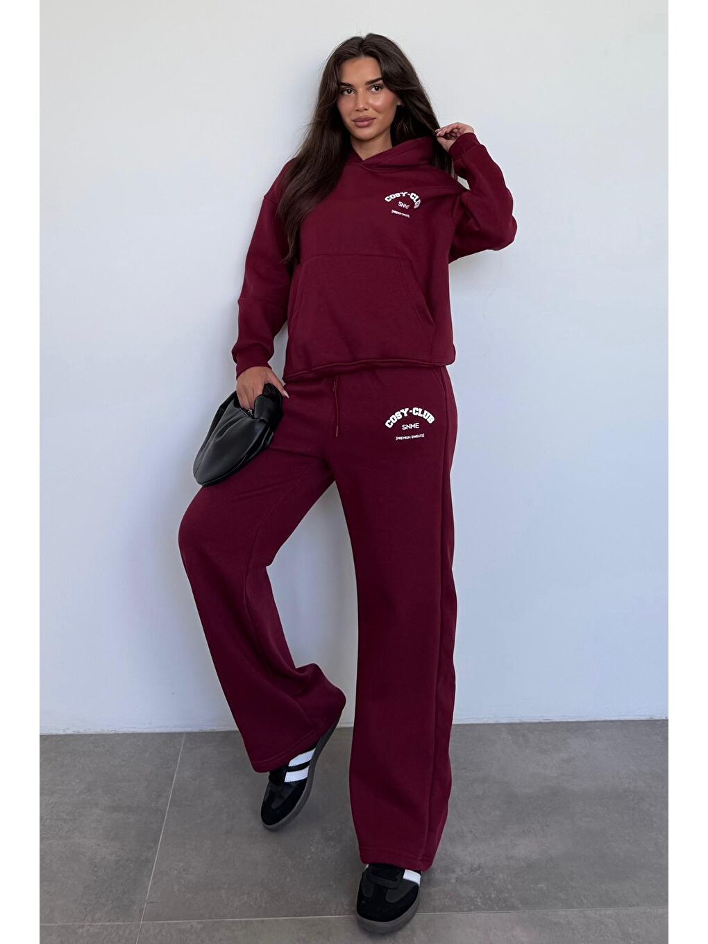 Bordo Kapüşonlu Baskılı Kadın Eşofman Takımı Mg2524-2