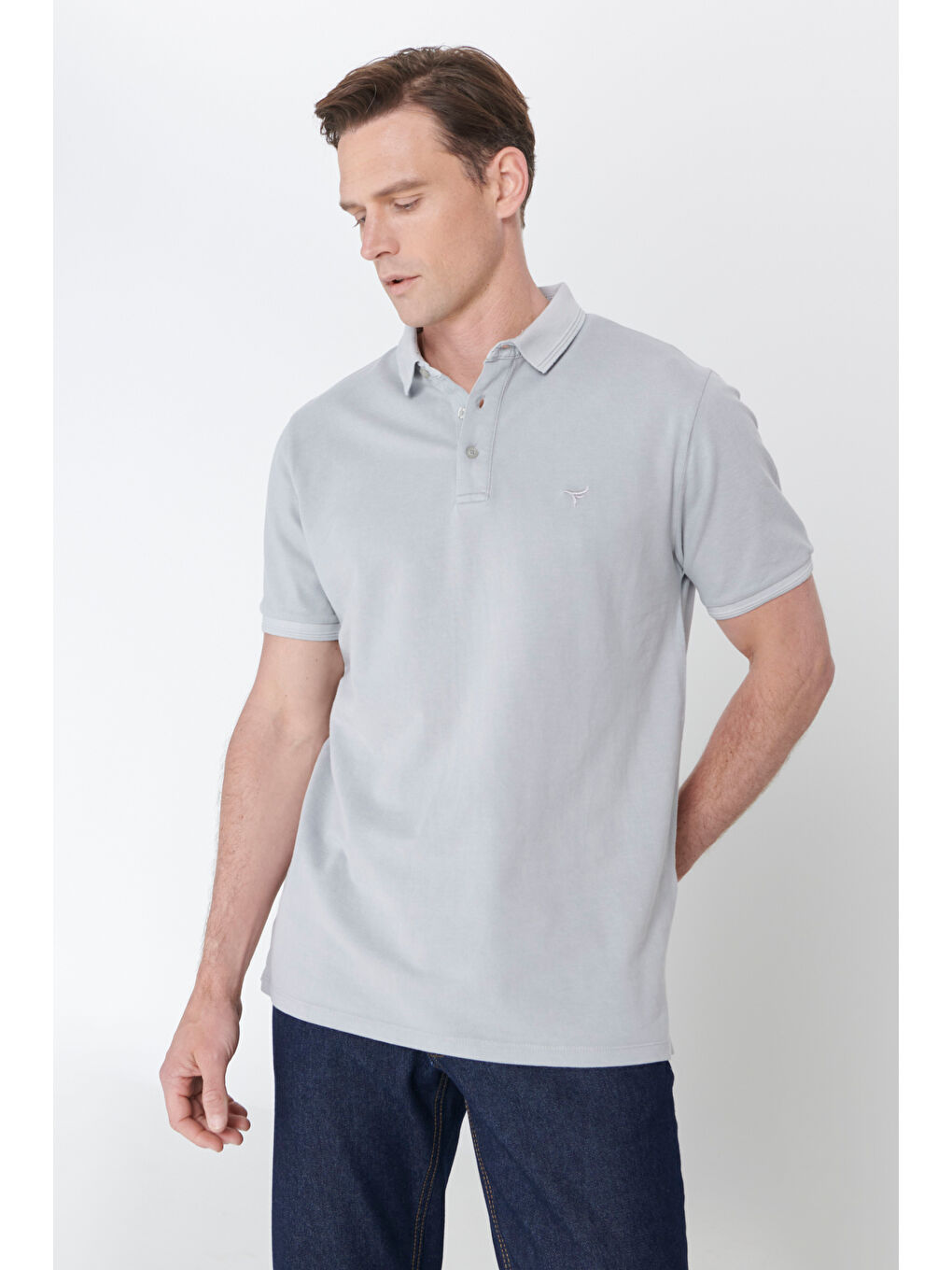 Erkek Gri Slim Fit Dar Kesim Polo Yaka %100 Pamuk Kısa Kollu Desenli Tişört-3