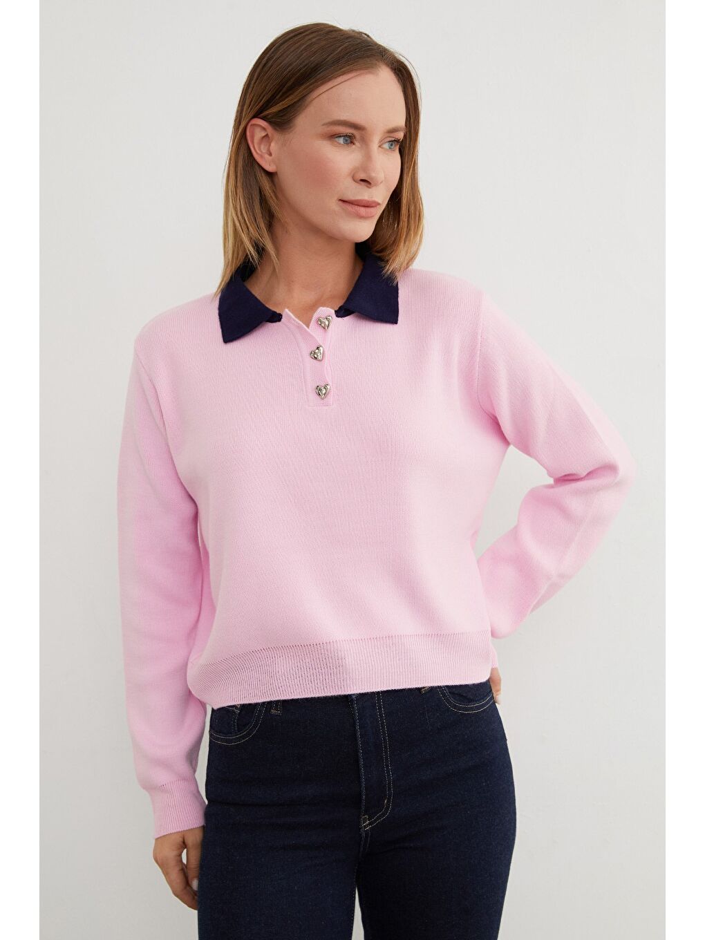 Pembe Basic Polo Yaka Yarım Düğmeli Triko Kazak-3