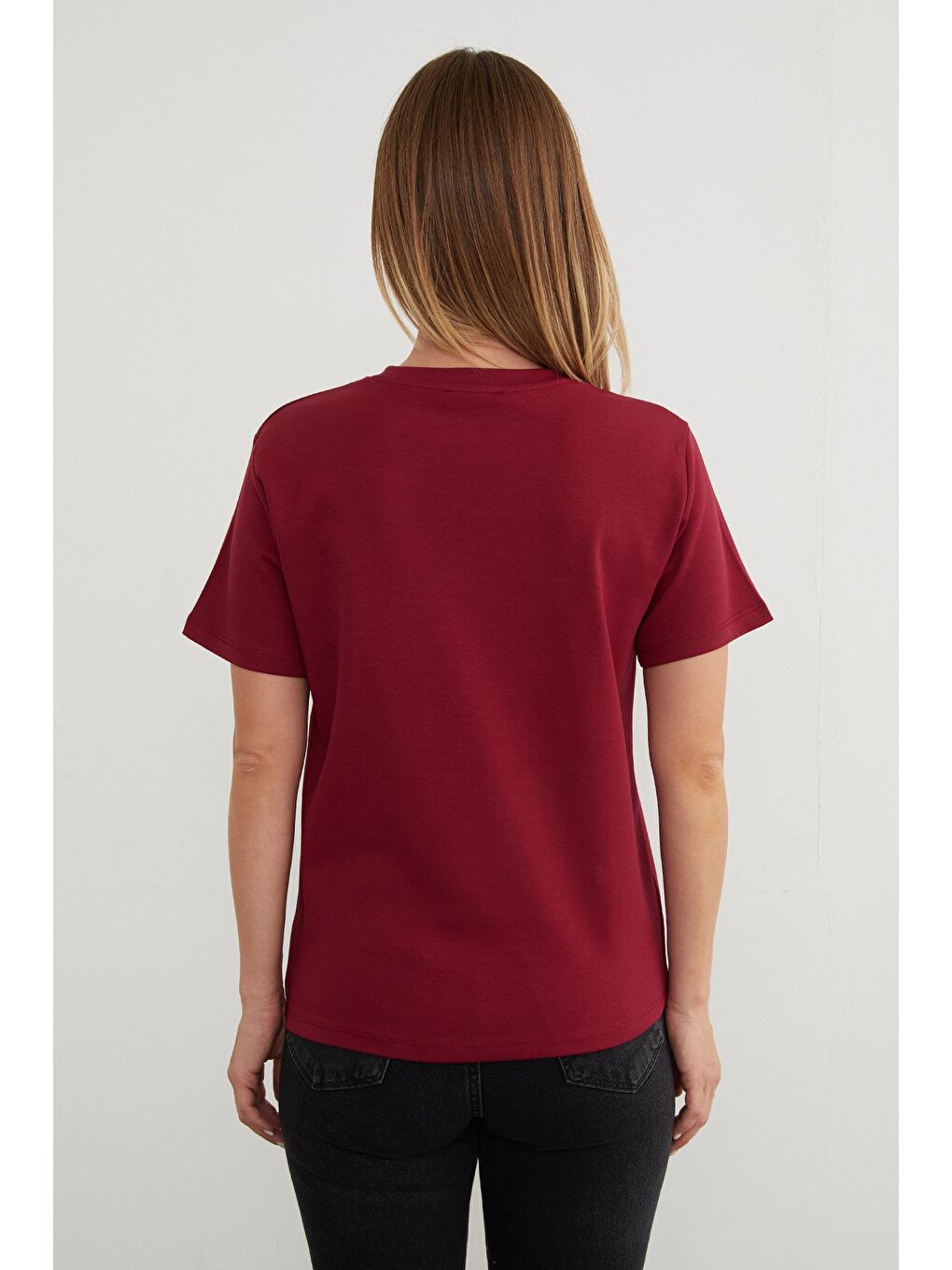 Bordo Basic Bisiklet Yaka Tişört-4