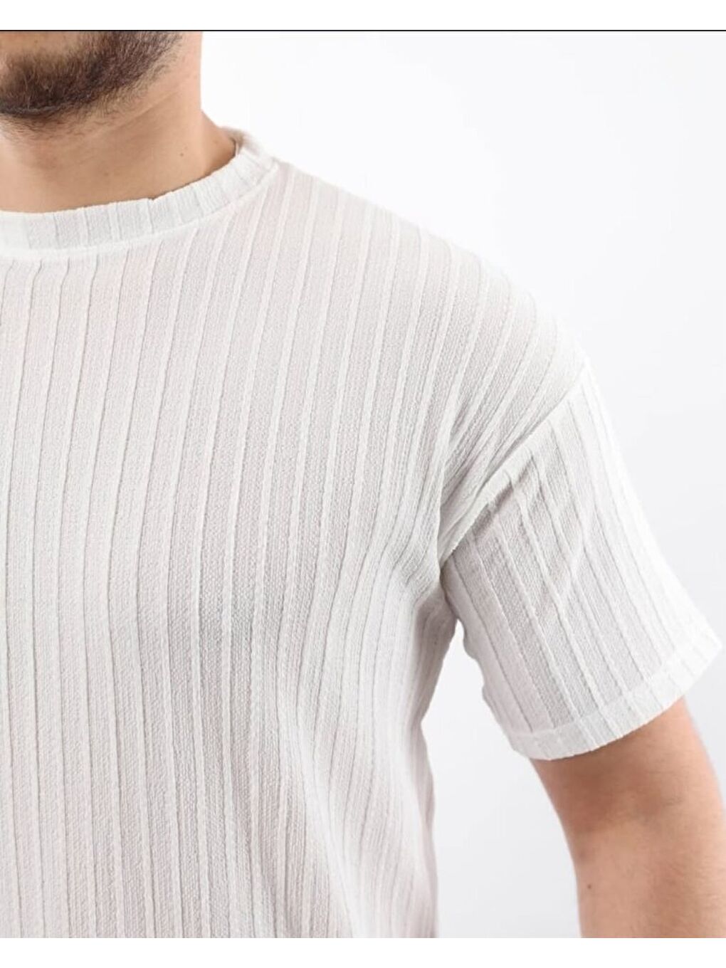 Beyaz Erkek Kısa Kollu Örgü Kumaş Bisiklet Yaka Tişört-1