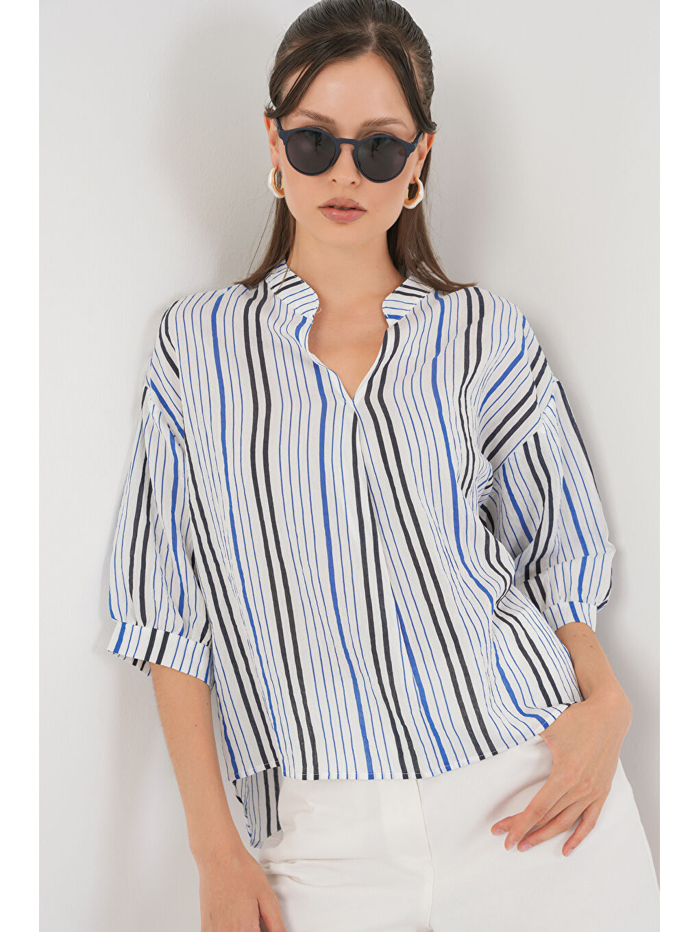 Kadın Çizgili Oversize Bluz 967 - Lacivert-3