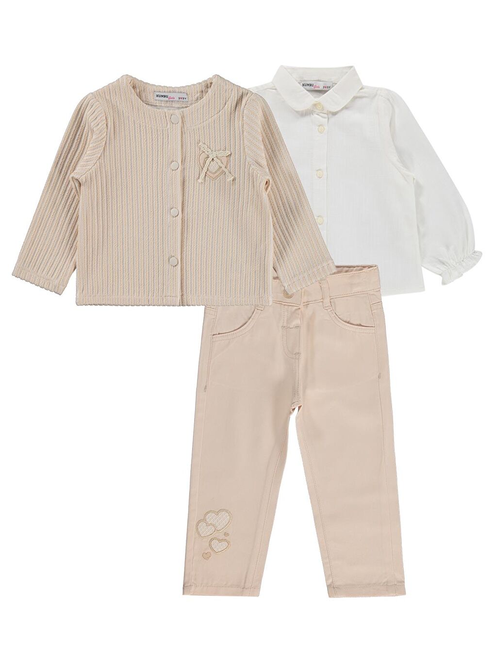 Civil Girls Pantolon Ceket Nakışlı 3 Lü 2-5 Yaş Takım - Bej 3-4 Yaş-1
