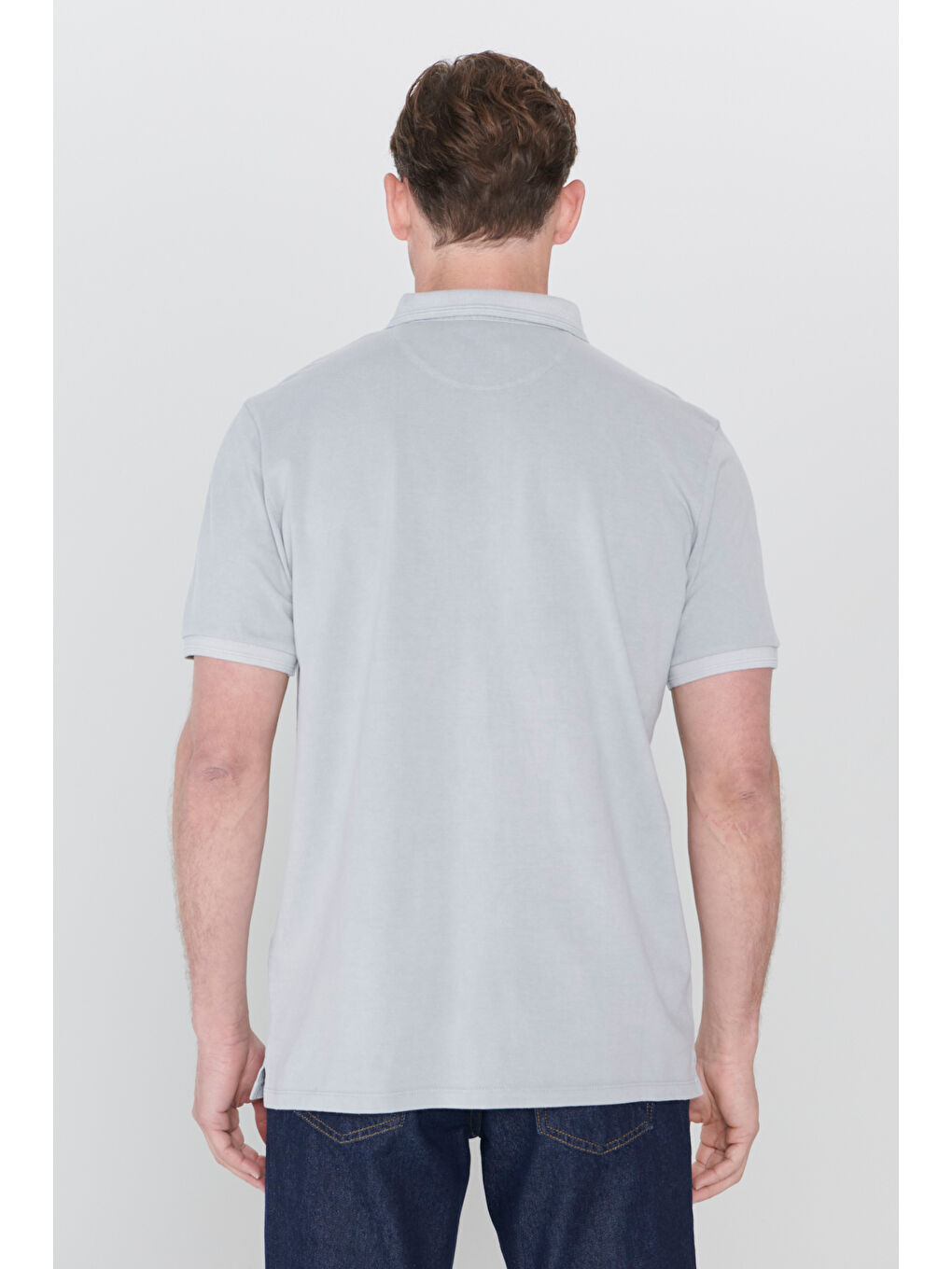 Erkek Gri Slim Fit Dar Kesim Polo Yaka %100 Pamuk Kısa Kollu Desenli Tişört-5