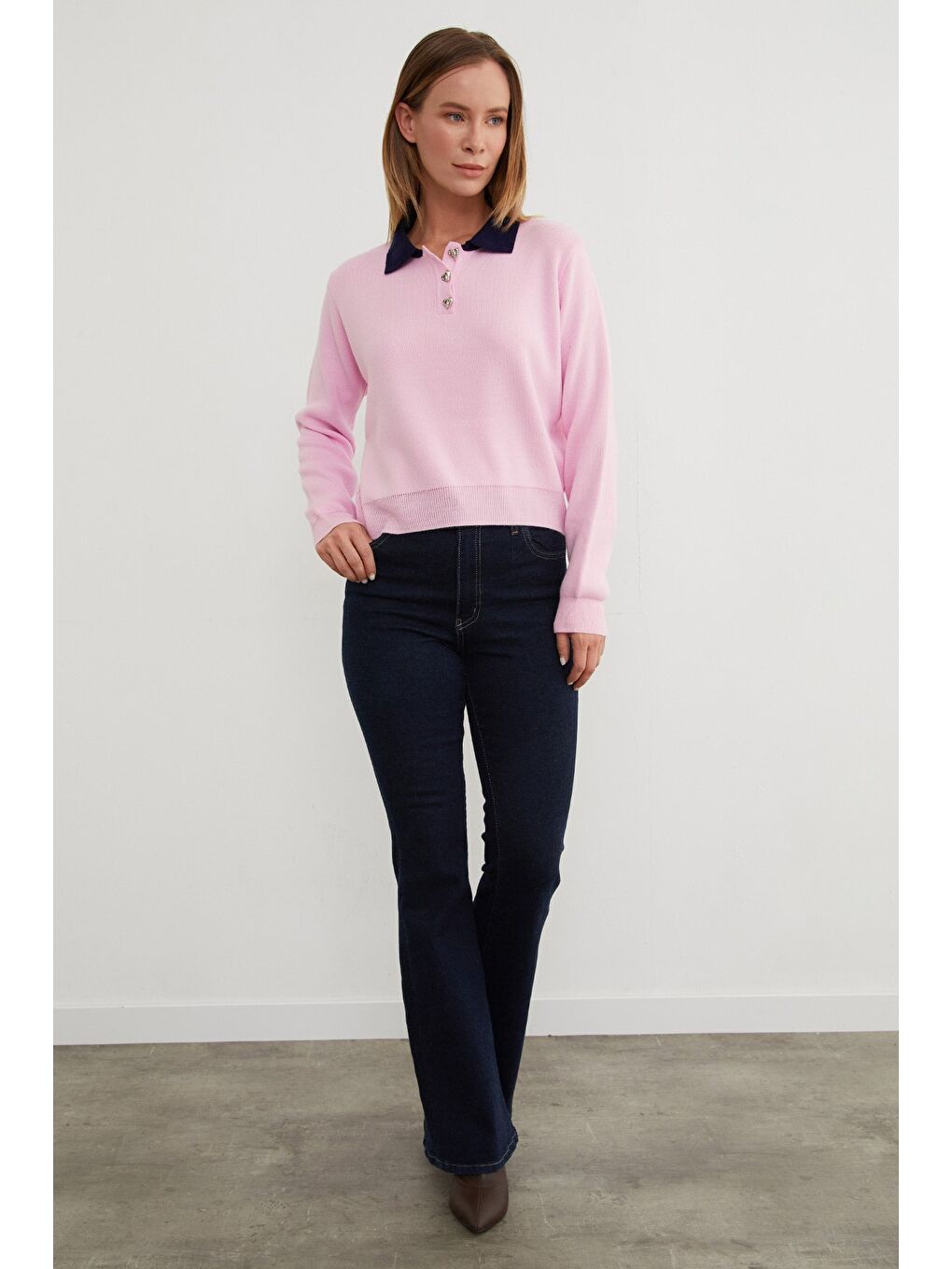 Pembe Basic Polo Yaka Yarım Düğmeli Triko Kazak-4