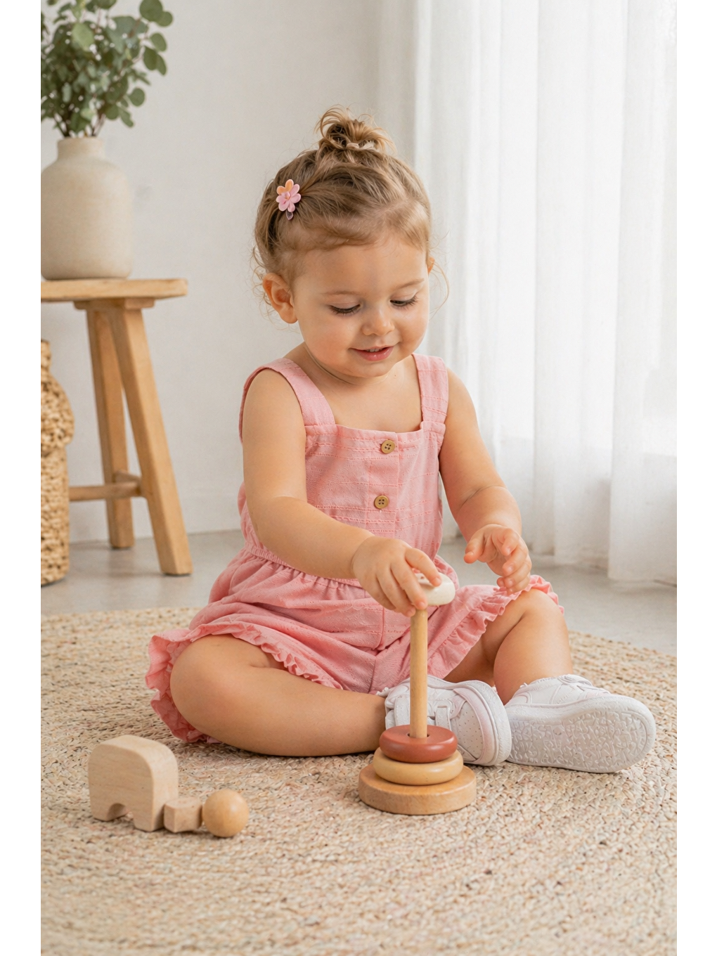 Pembe Kız Bebek-Keten Kumaş Tulum %100 Pamuklu-1