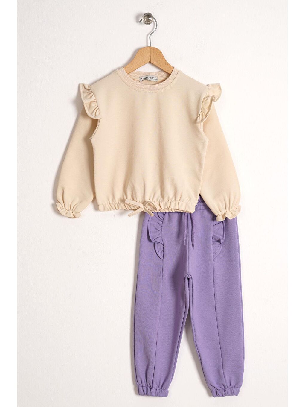 Bisiklet Yaka Uzun Kol Pantolonu Dikiş Detaylı Bej-Lila Renk Kız Çocuk Esofman Takım