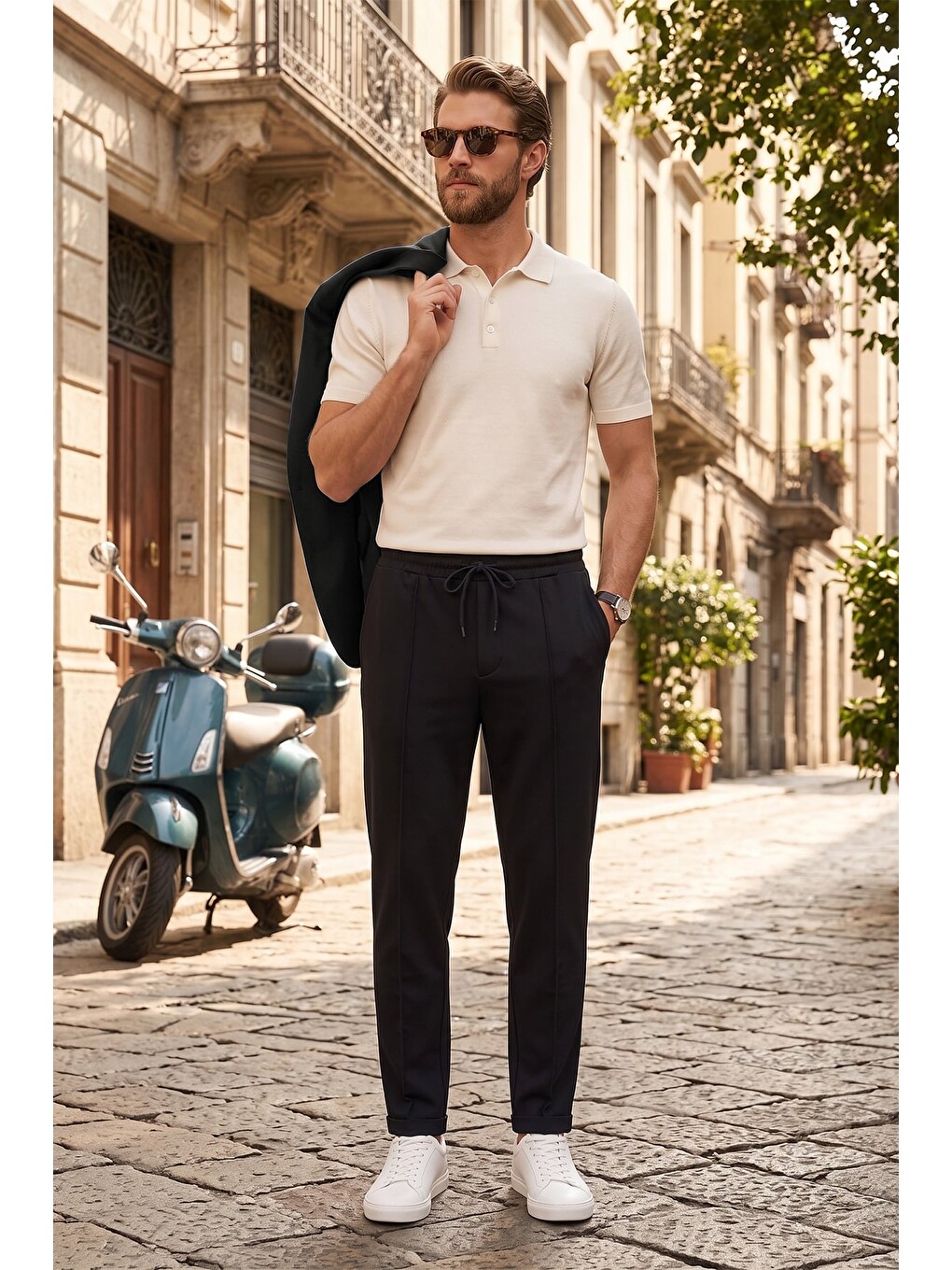 Siyah Beli Lastikli Duble Paça Çimalı Pantolon