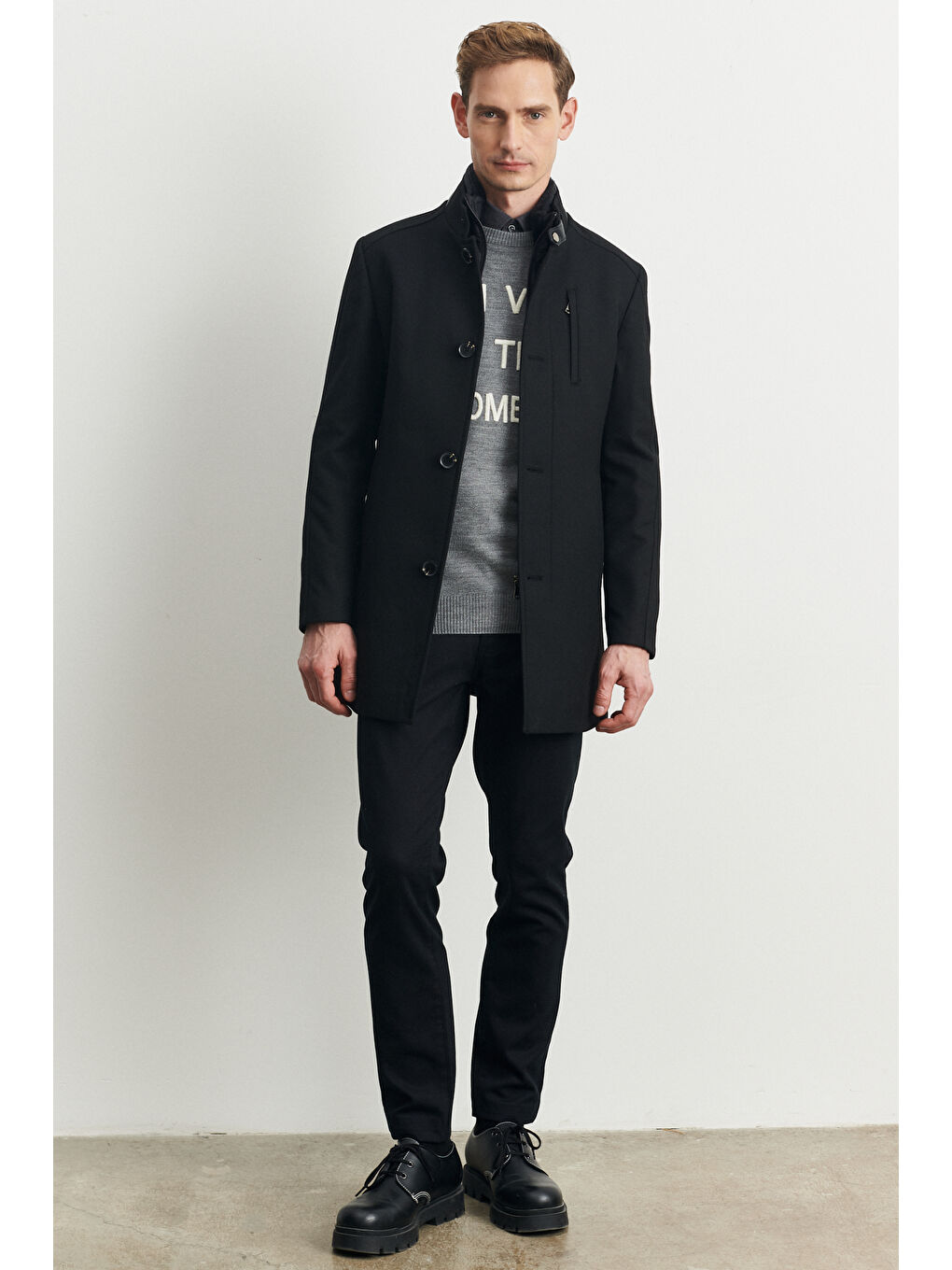 Erkek Siyah Standart Fit Normal Kesim İçi Çıkma Yelekli Yünlü Kışlık Kaban