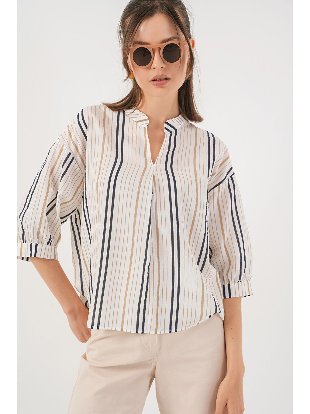 Kadın Çizgili Oversize Bluz 967 - Bej