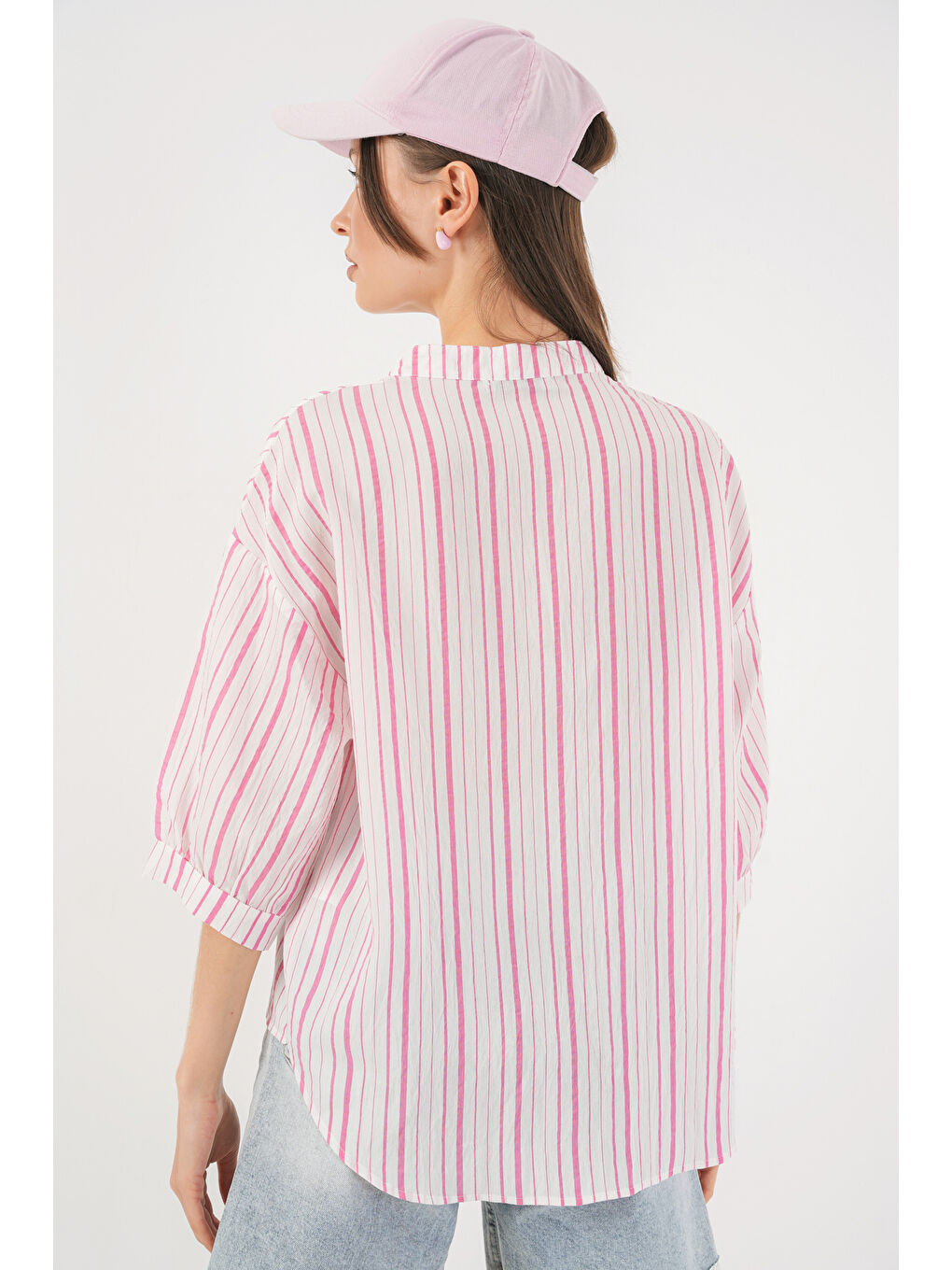 Pembe Kadın Çizgili Oversize Bluz 967 - Pudra-5