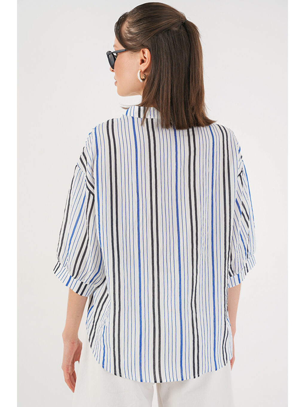 Kadın Çizgili Oversize Bluz 967 - Lacivert-5