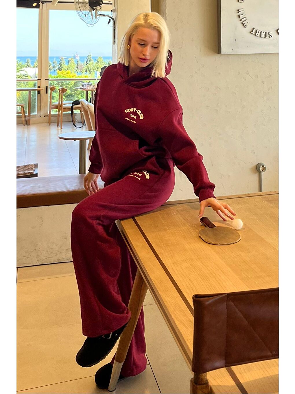 Bordo Kapüşonlu Baskılı Kadın Eşofman Takımı Mg2524-3