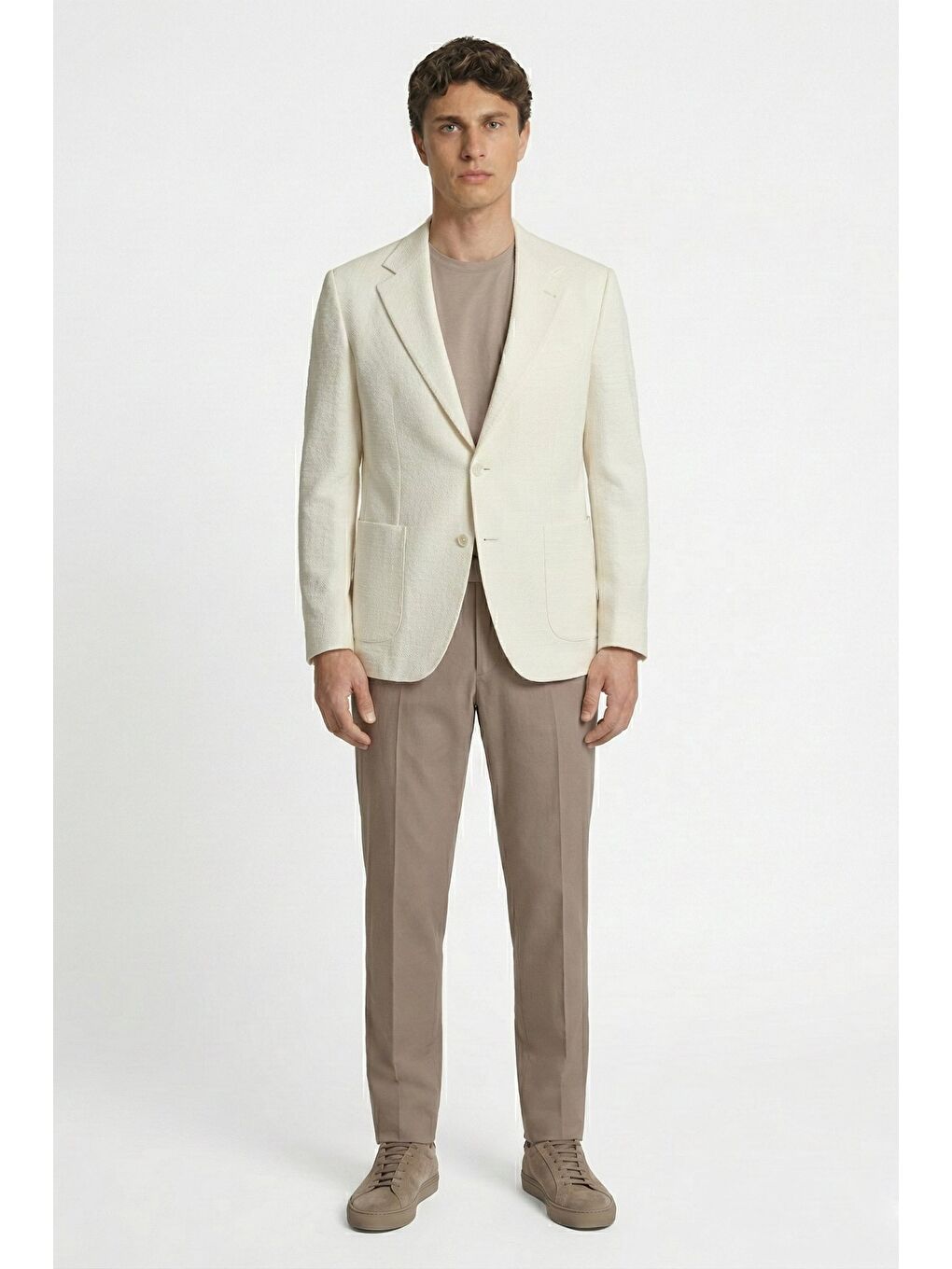 Ekru Giotelli Krem Roma Kalıp Armürlü Mono Yaka 6 Drop Yarım Astarlı Erkek Ceket-1