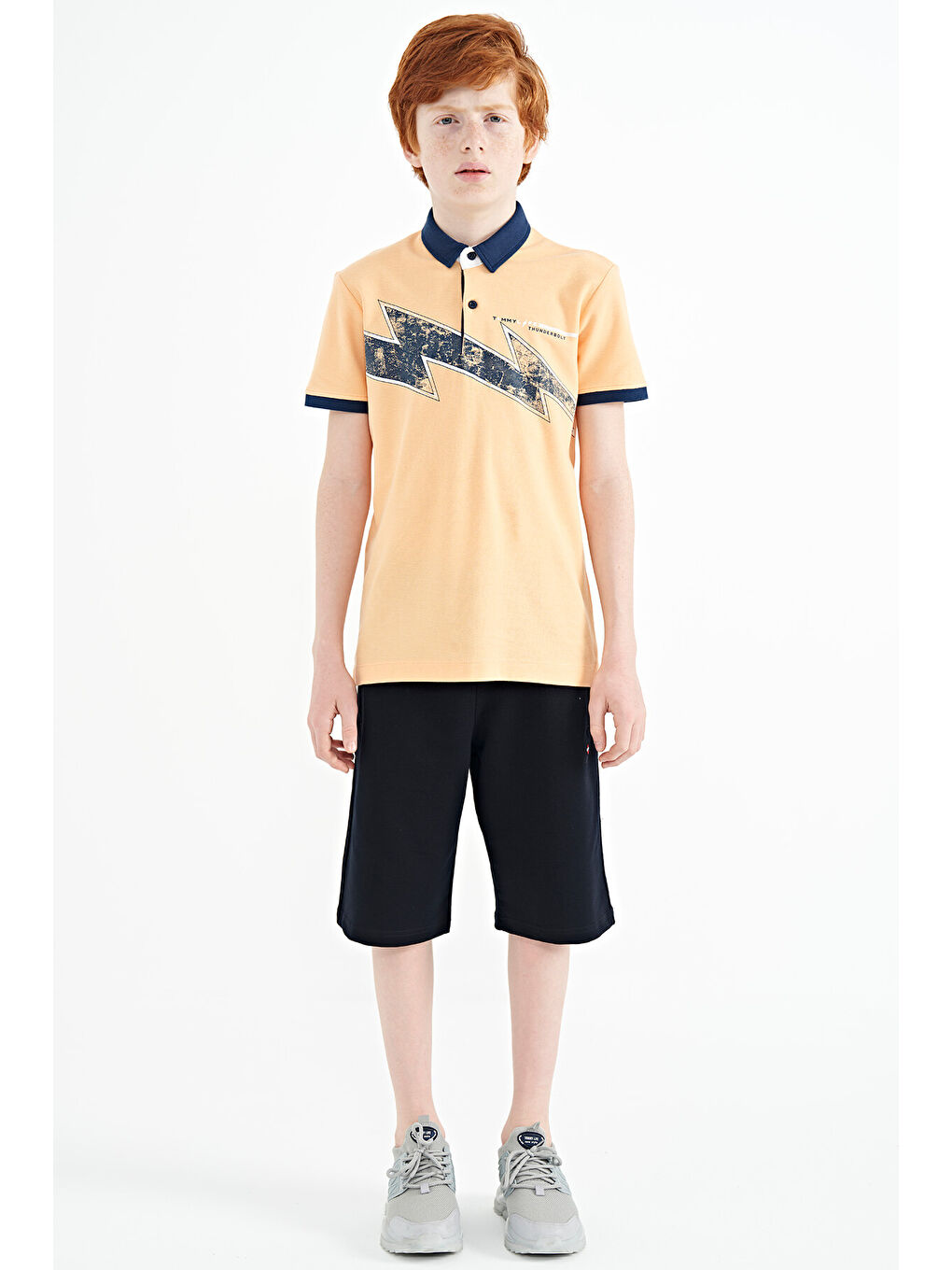 Turuncu Kavun Içi Baskı Detaylı Standart Kalıp Polo Yaka Erkek Çocuk Tişört - 11154-1