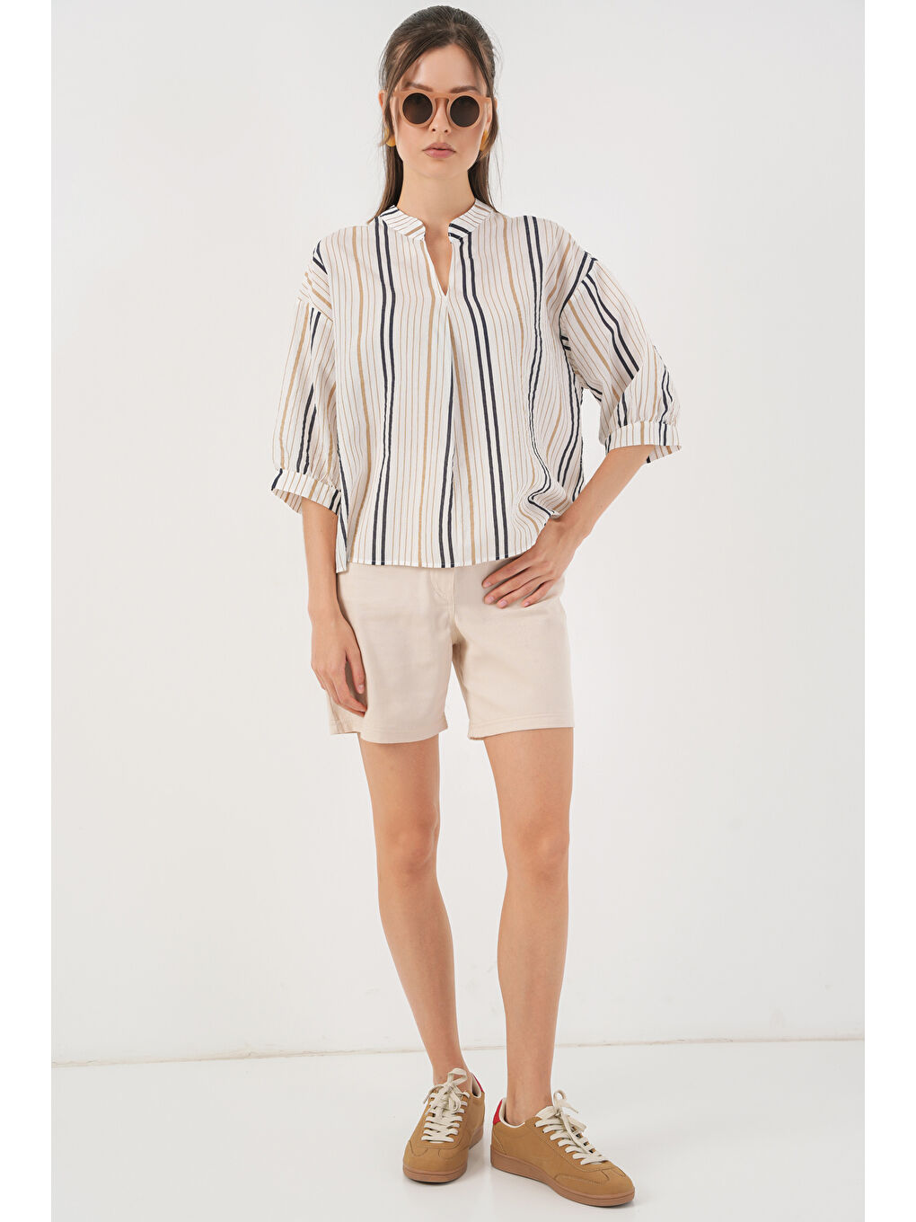 Kadın Çizgili Oversize Bluz 967 - Bej-1