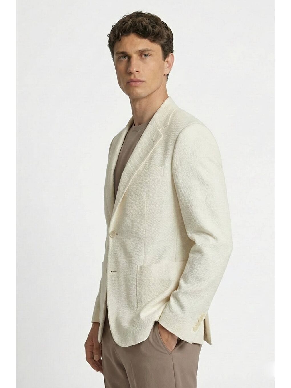 Ekru Giotelli Krem Roma Kalıp Armürlü Mono Yaka 6 Drop Yarım Astarlı Erkek Ceket-2