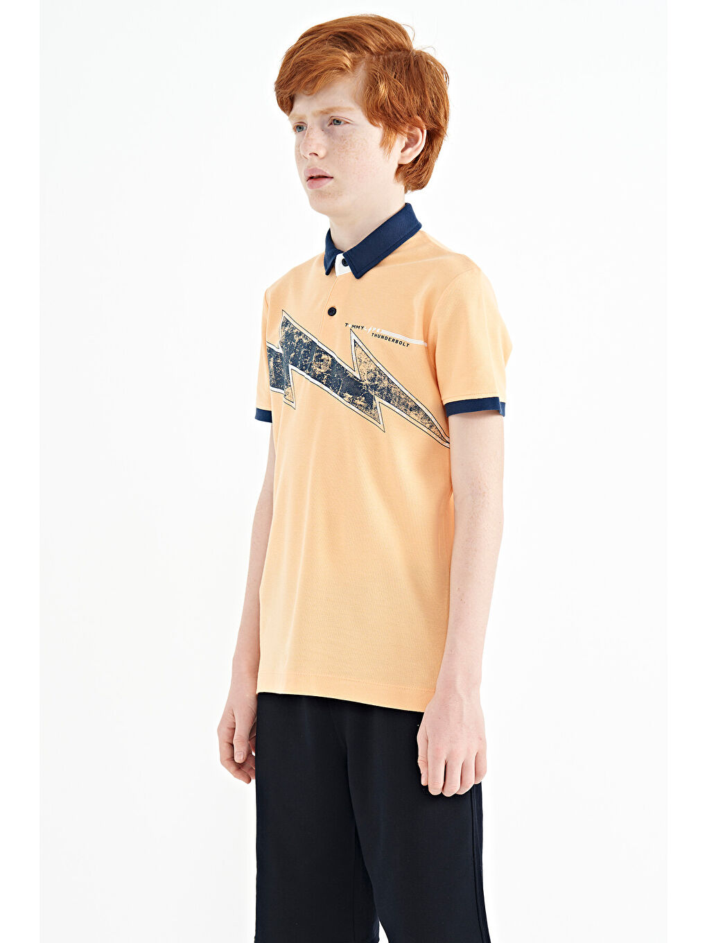 Turuncu Kavun Içi Baskı Detaylı Standart Kalıp Polo Yaka Erkek Çocuk Tişört - 11154-3