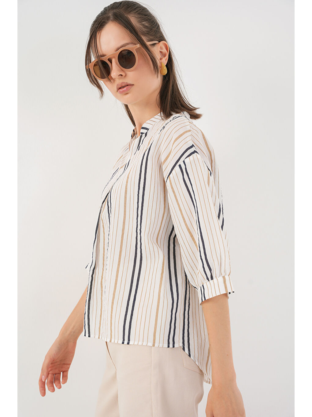 Kadın Çizgili Oversize Bluz 967 - Bej-2