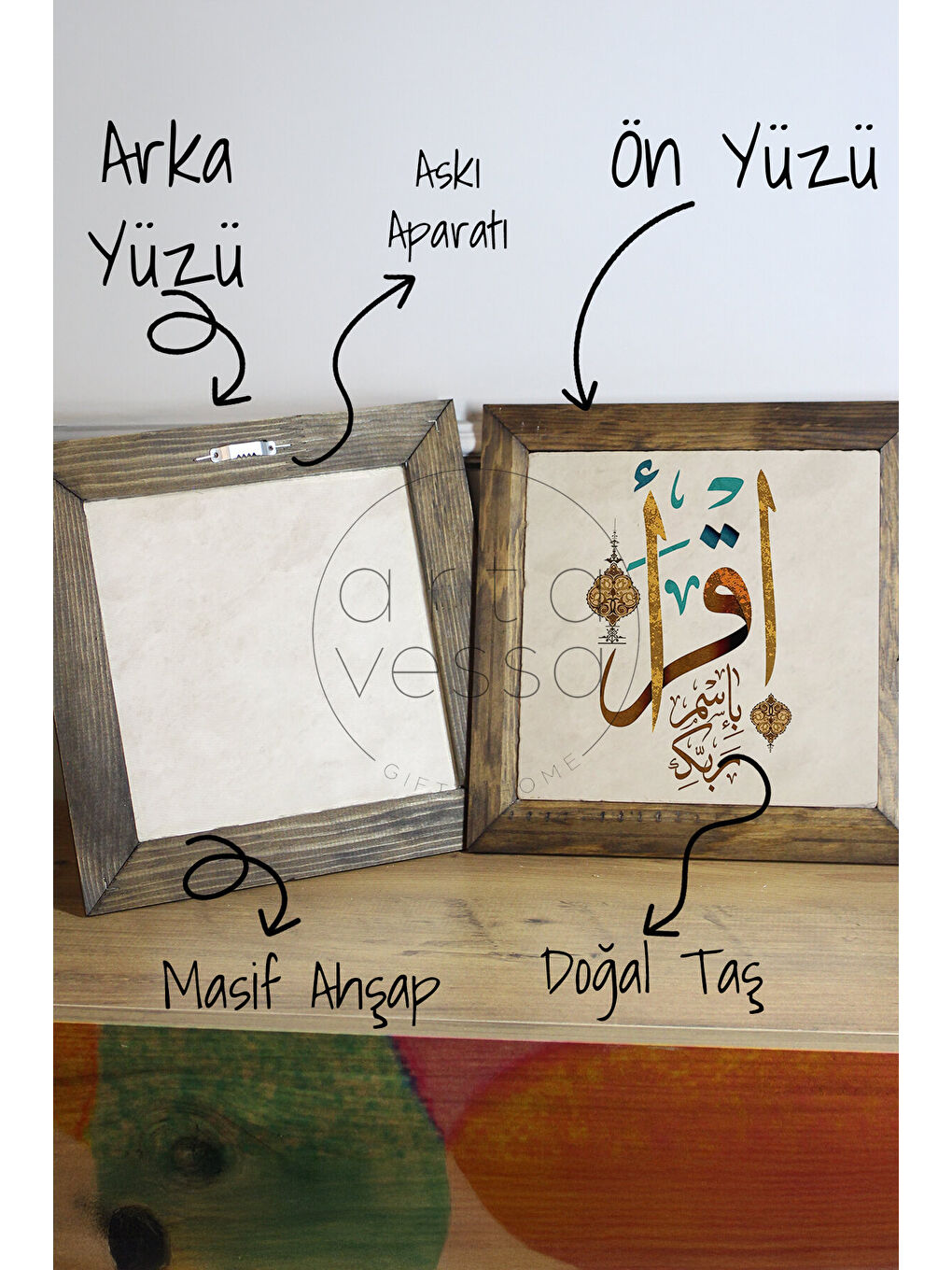 Beyaz Masif Ahşap Çerçeveli Taş Tablo Pano 16 x 16 cm - İslami Model 4 - 16 x 16-2