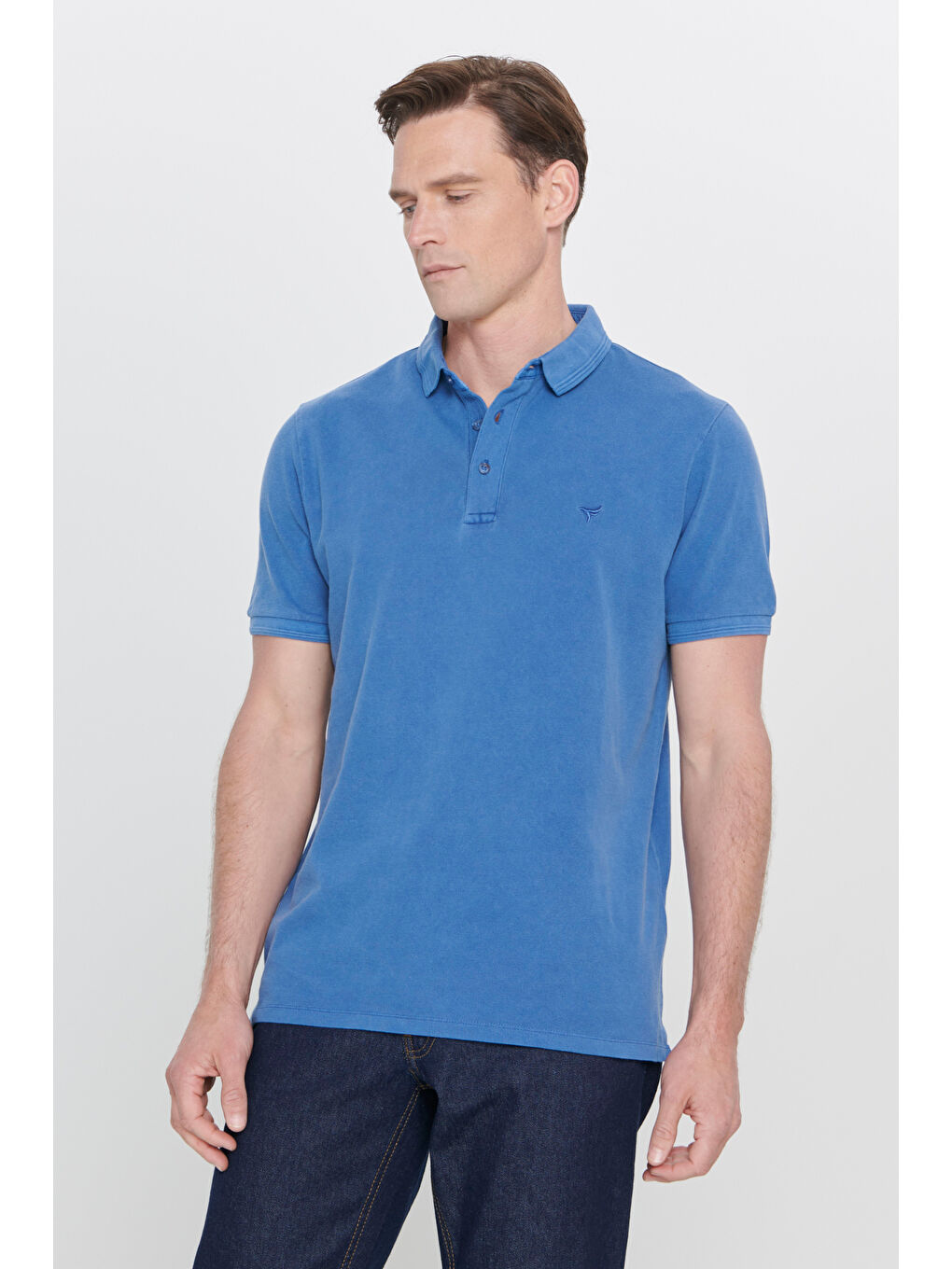 Erkek İndigo Slim Fit Dar Kesim Polo Yaka %100 Pamuk Kısa Kollu Desenli Tişört