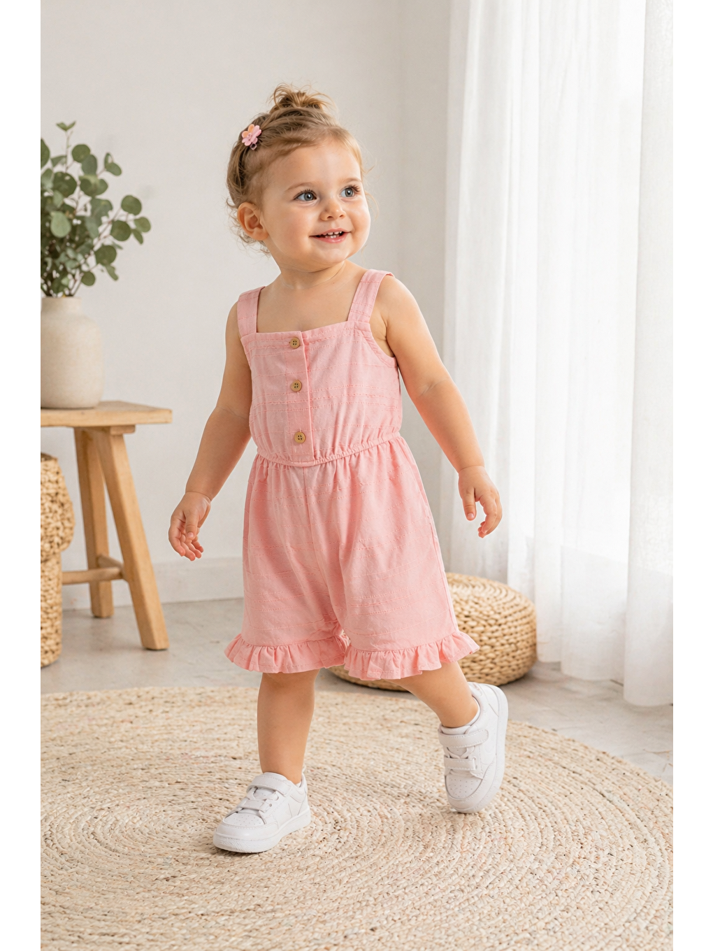 Pembe Kız Bebek-Keten Kumaş Tulum %100 Pamuklu-4