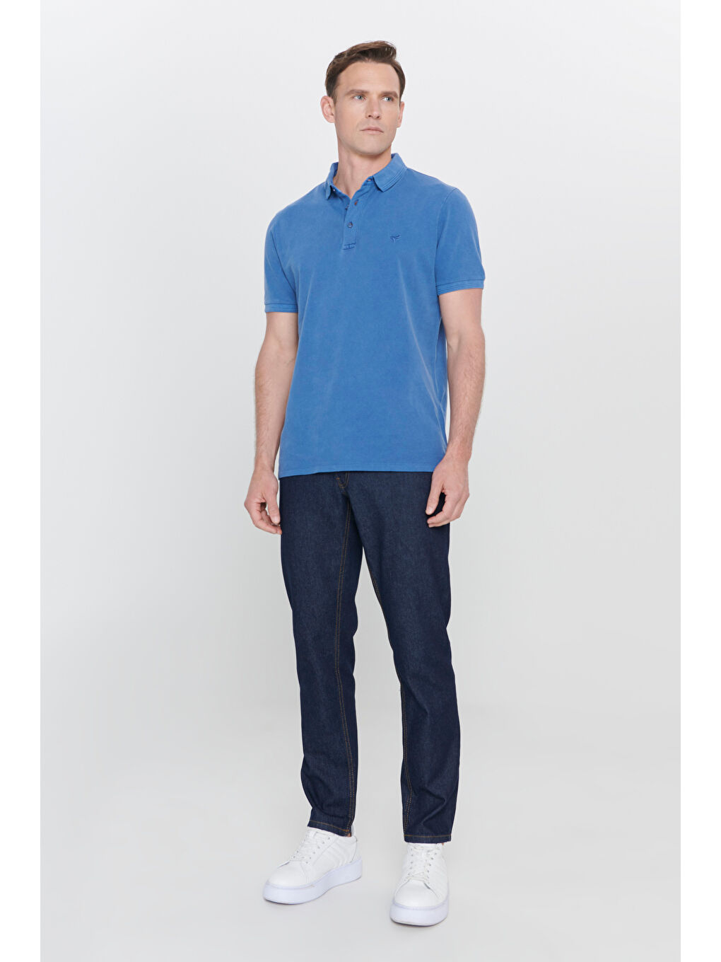 Erkek İndigo Slim Fit Dar Kesim Polo Yaka %100 Pamuk Kısa Kollu Desenli Tişört-1