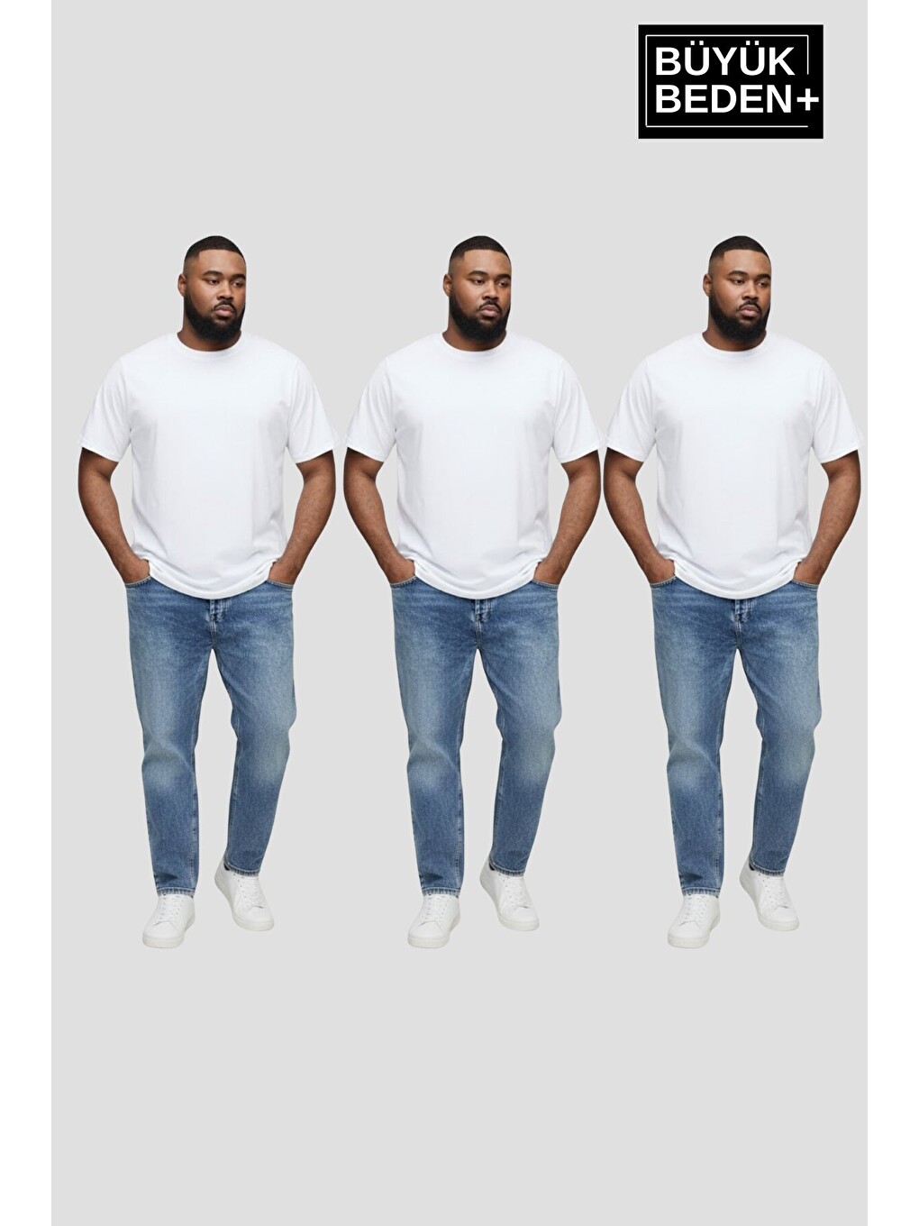 Beyaz Büyük Beden Erkek Basic 3XL-6XL Bisiklet Yaka 3'lü Tişört Seti SPR26BTS510+3