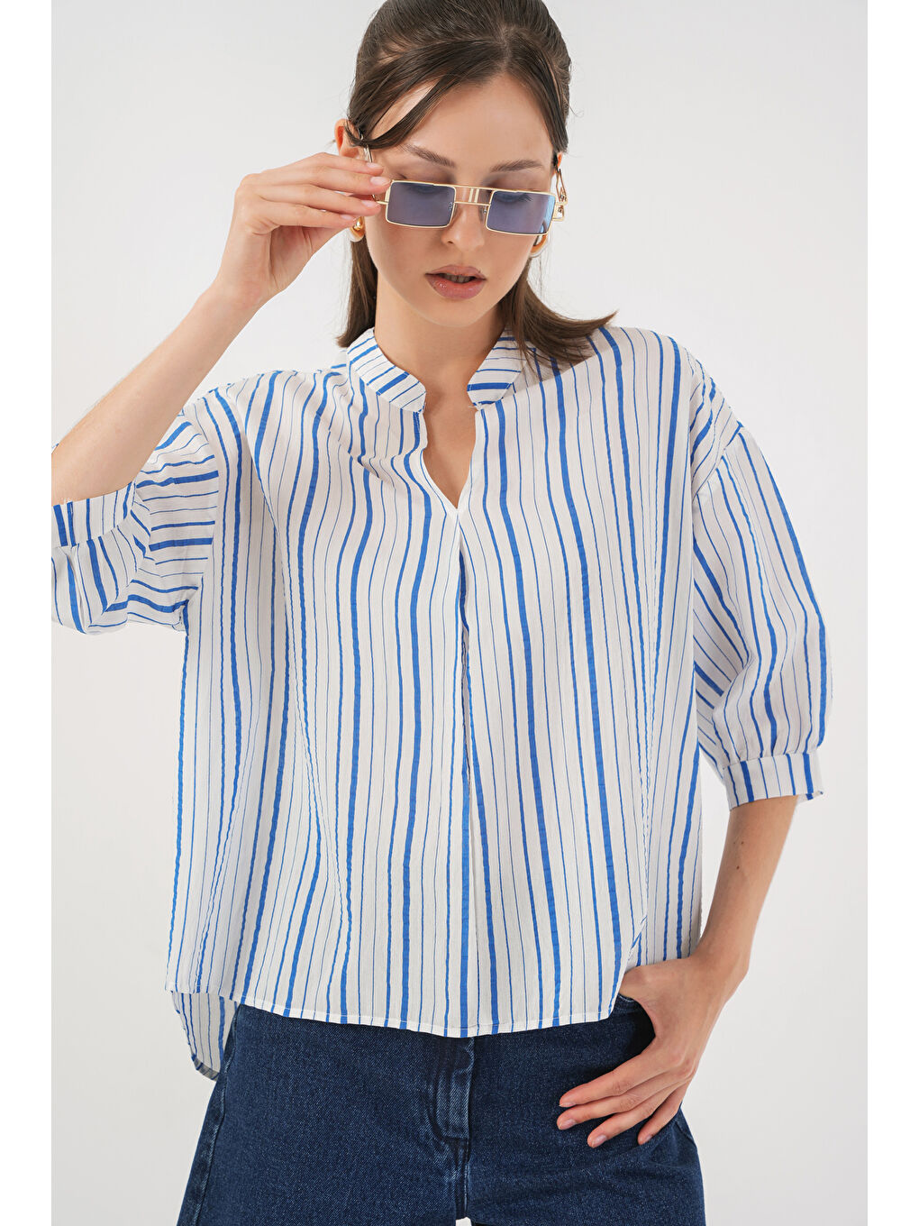 Kadın Çizgili Oversize Bluz 967 - Mavi