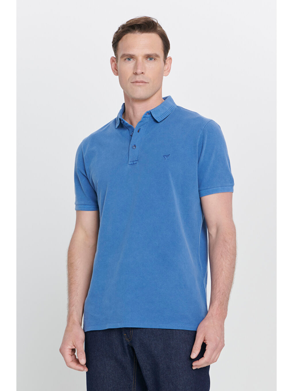 Erkek İndigo Slim Fit Dar Kesim Polo Yaka %100 Pamuk Kısa Kollu Desenli Tişört-3