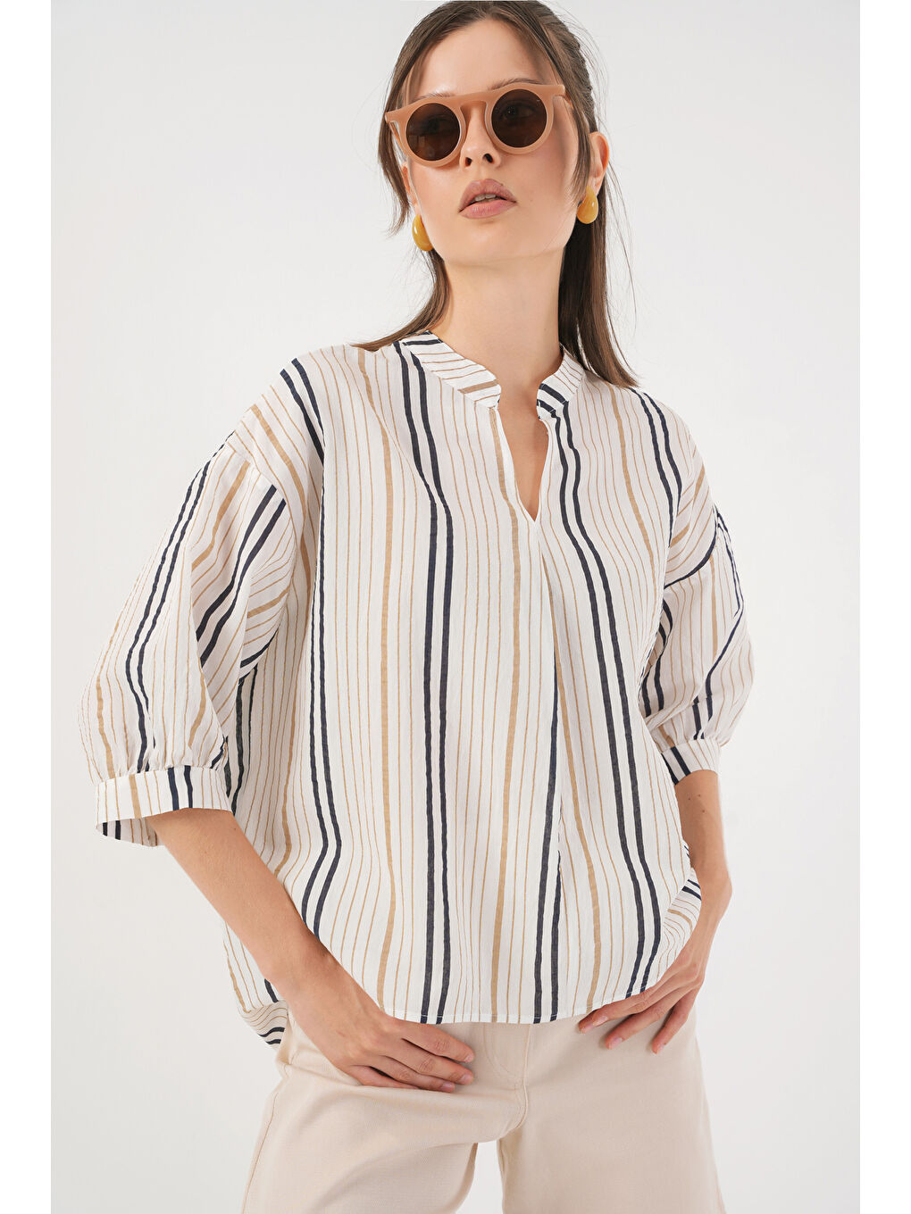 Kadın Çizgili Oversize Bluz 967 - Bej-3