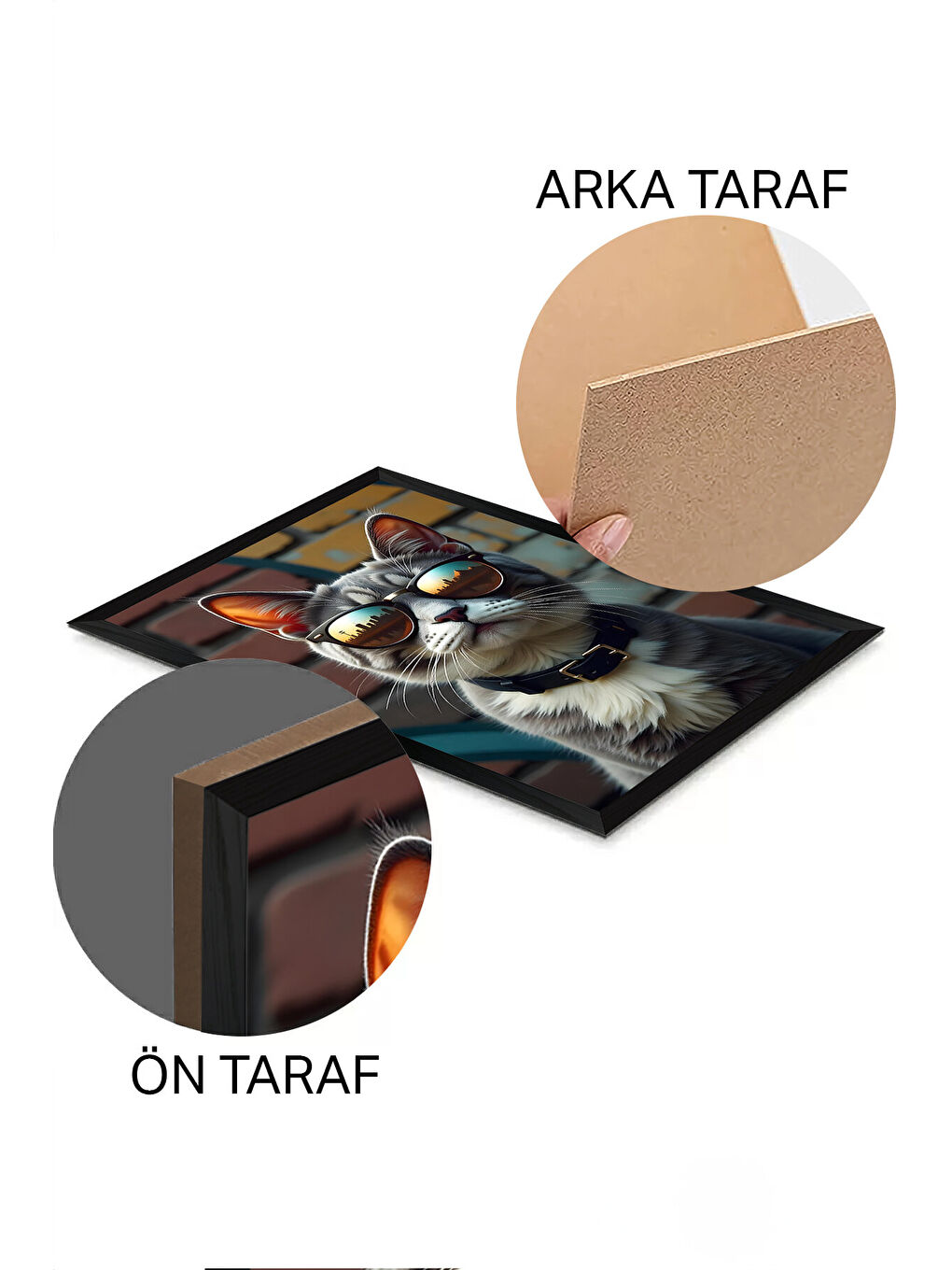 Beyaz Tek Parça Siyah Çerçeve Görünümlü Kedi Baskılı MDF 48x33 cm Tablo - Model 29-1