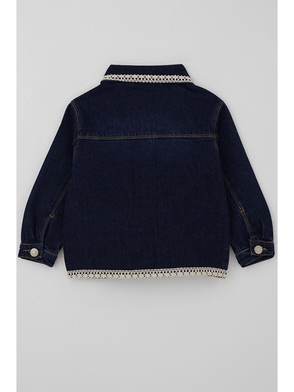 Kız Çocuk Jean Ceket Yaka & Alt Kısmı Güpür Cep Kapak Detaylı Koyu Mavi (3-7 Yaş)-1