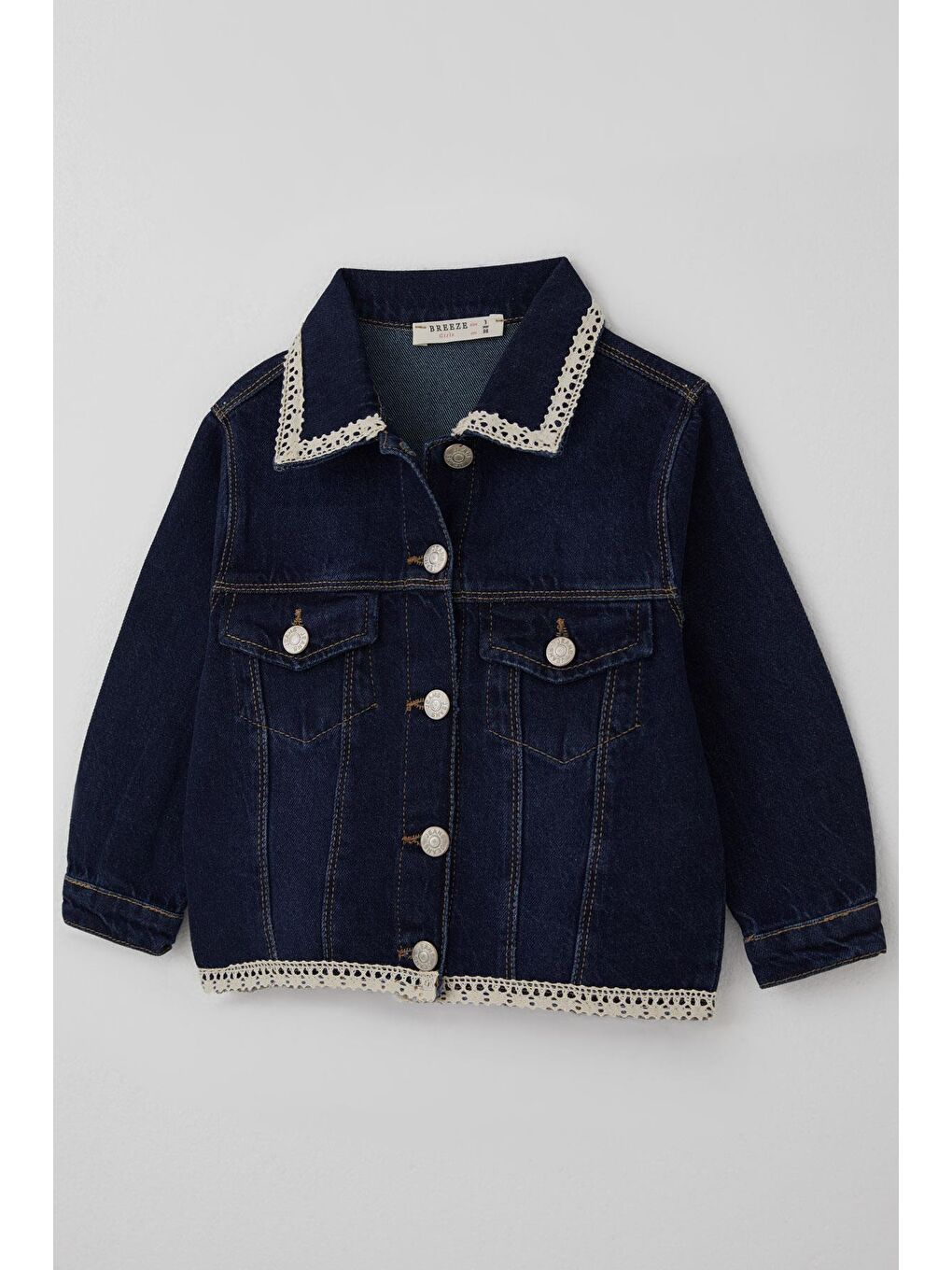Kız Çocuk Jean Ceket Yaka & Alt Kısmı Güpür Cep Kapak Detaylı Koyu Mavi (3-7 Yaş)-2