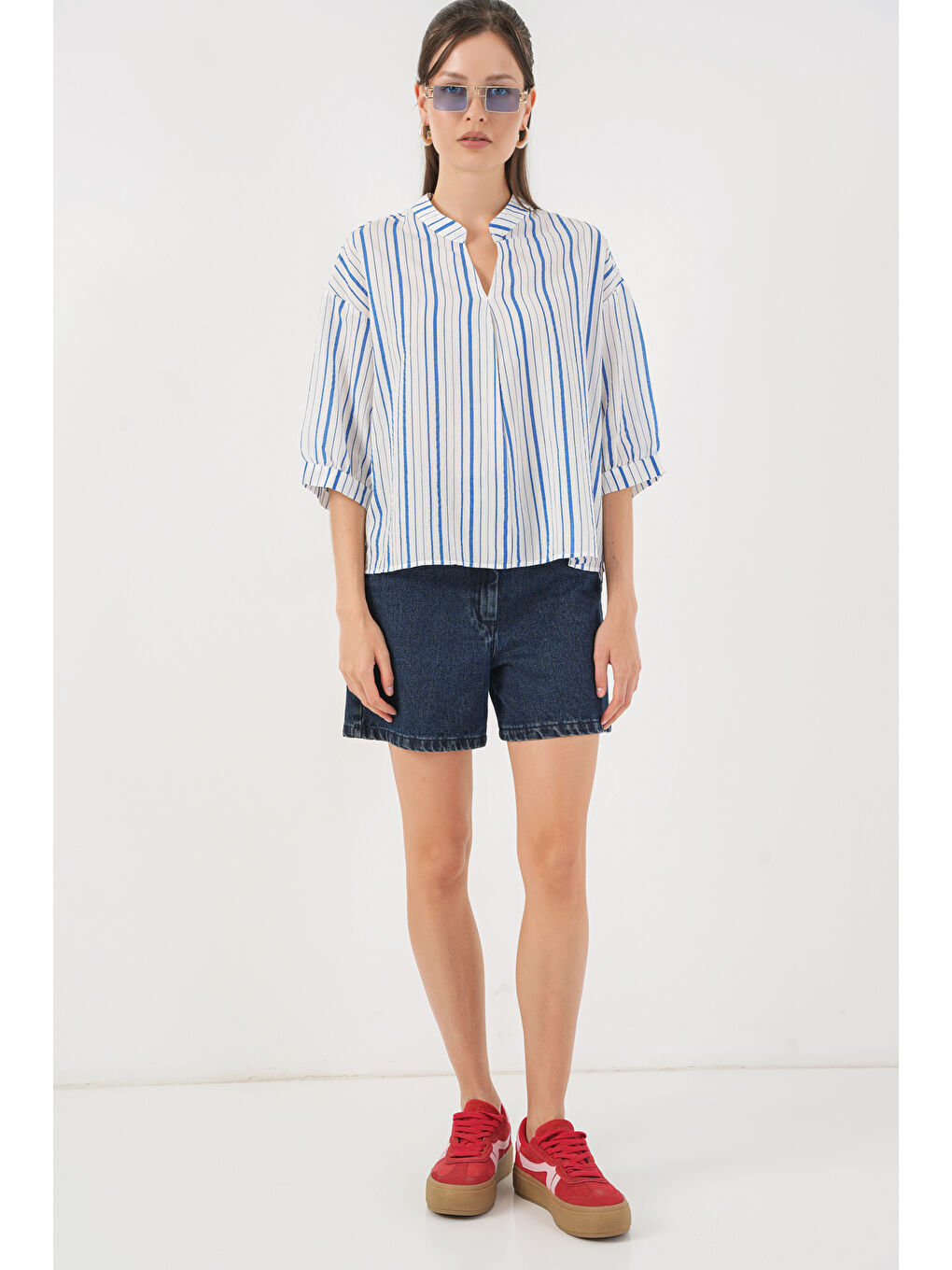 Kadın Çizgili Oversize Bluz 967 - Mavi-1