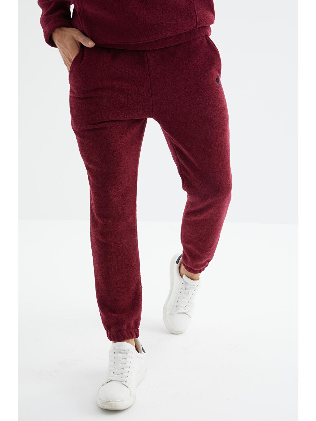 Bordo Erguvan Yarım Fermuar Dik Yaka Kanguru Cepli Havlu Polar Erkek Eşofman Takım - 85195-1