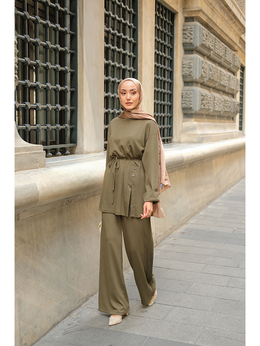 Kadın Yan Düğme Detay Takım Koyu Yeşil-1