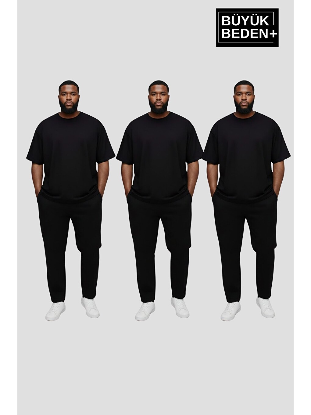 Siyah Büyük Beden Erkek Basic 3XL-6XL Bisiklet Yaka 3'lü Tişört Seti SPR26BTS510+3