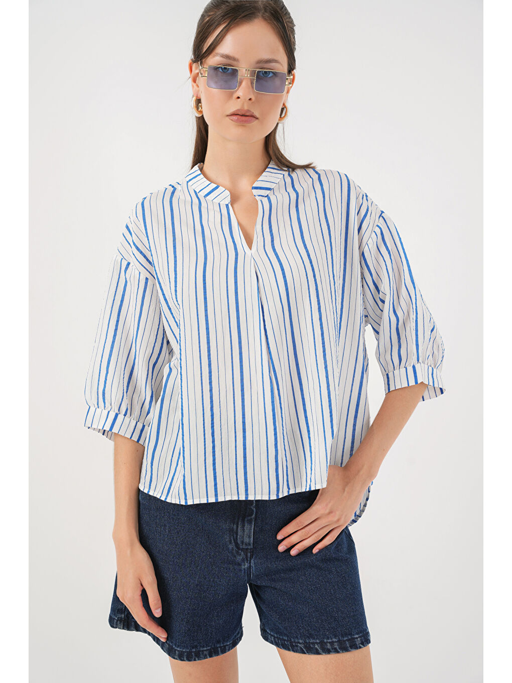 Kadın Çizgili Oversize Bluz 967 - Mavi-2