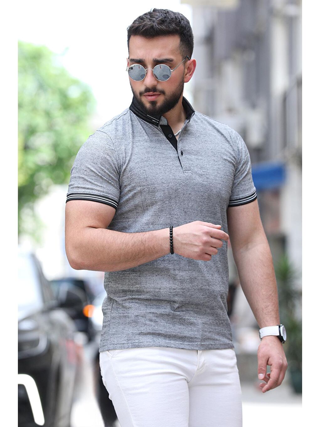 Siyah Polo Yaka Ön Düğmeli Desenli Elastanlı Erkek Tişört-2