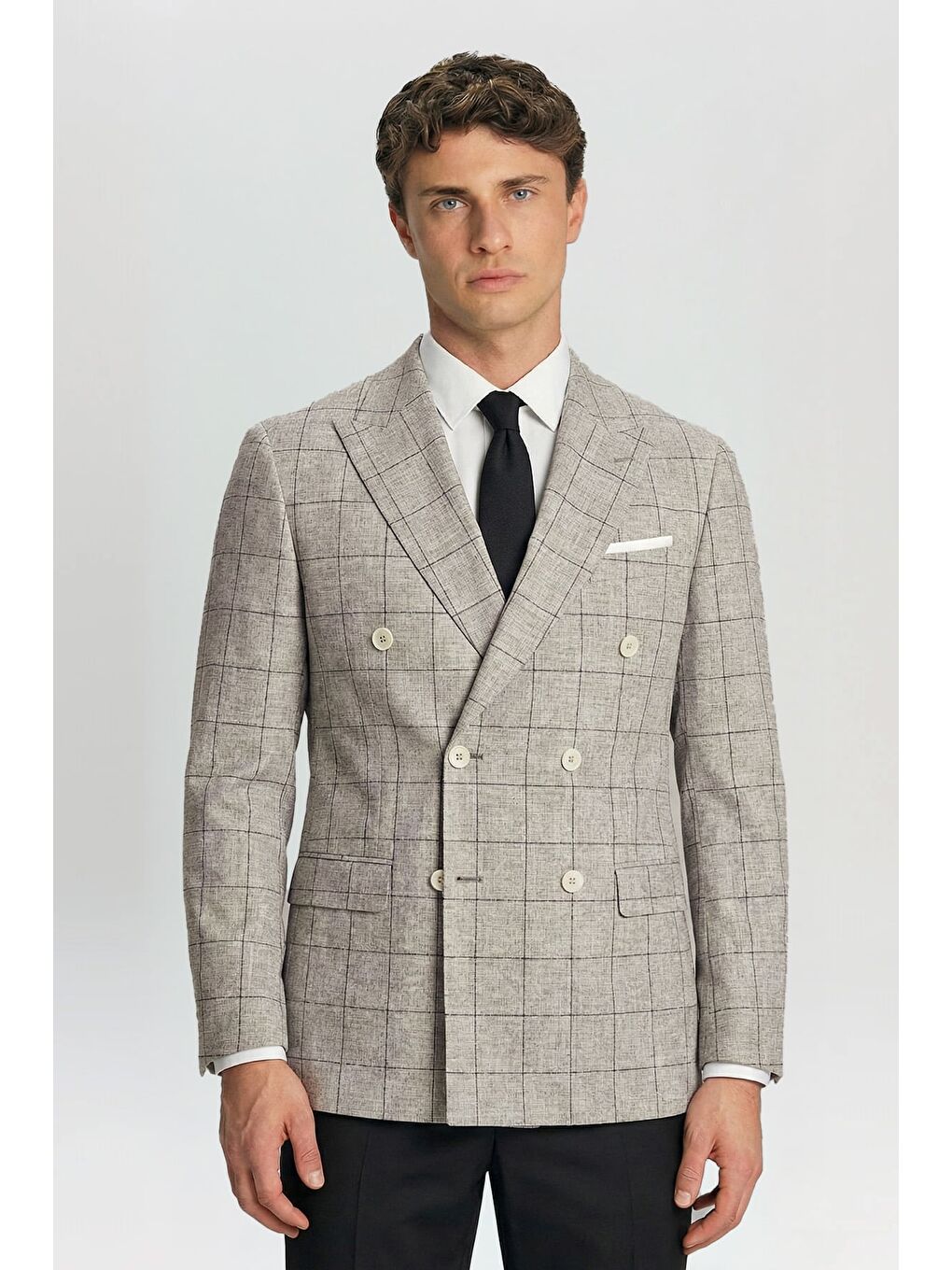 Giotelli Bej Ekose Sivri Yaka Roma Kalıp 6 Drop Astarsız Erkek Ceket