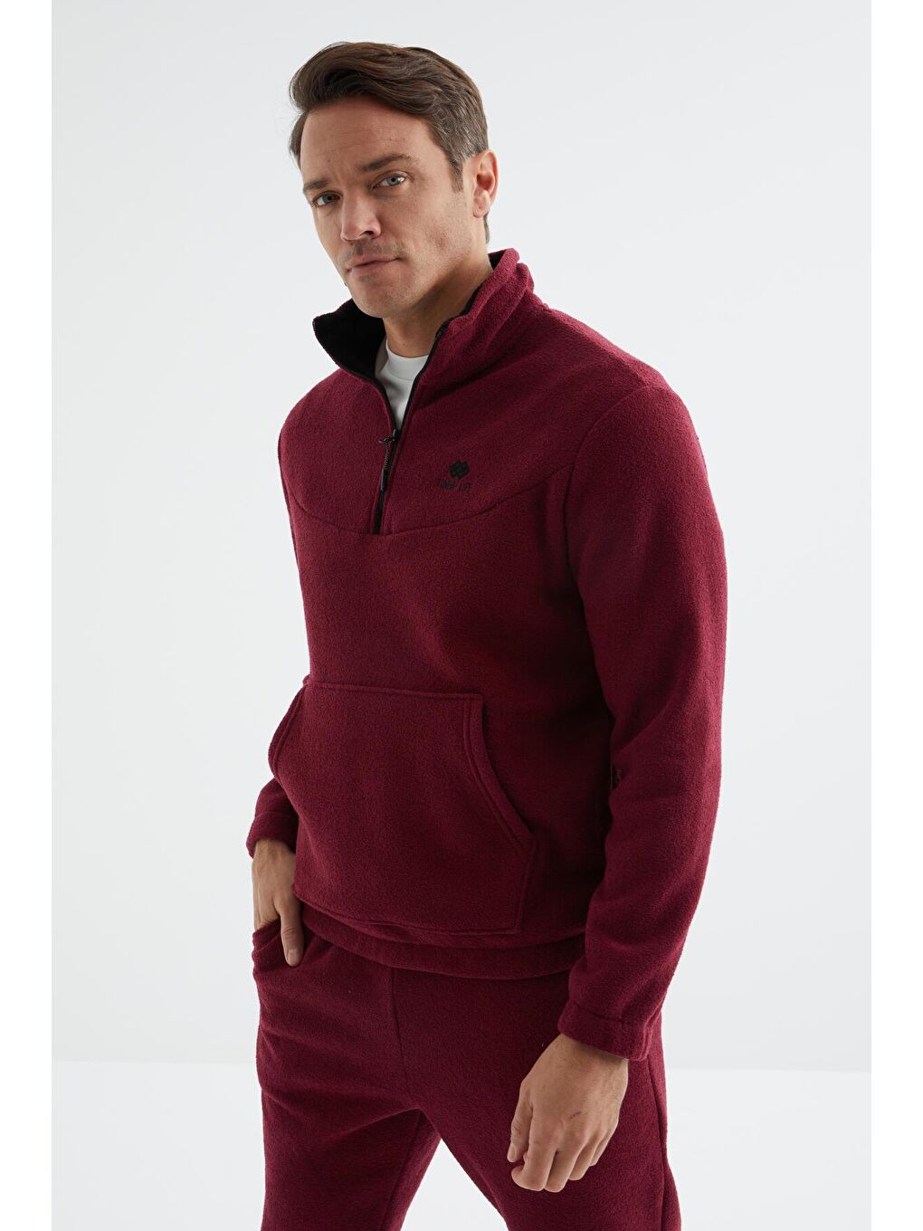 Bordo Erguvan Yarım Fermuar Dik Yaka Kanguru Cepli Havlu Polar Erkek Eşofman Takım - 85195-2
