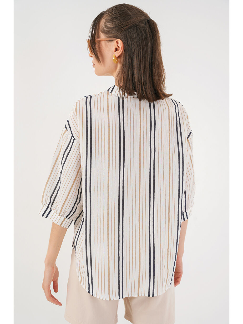 Kadın Çizgili Oversize Bluz 967 - Bej-5